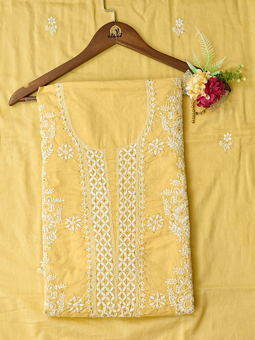 Ada Hand Embroidered Yellow Cotton Lucknowi Chikankari Unstitched Kurta Dupatta Set With Muqaish Work 01A760416
