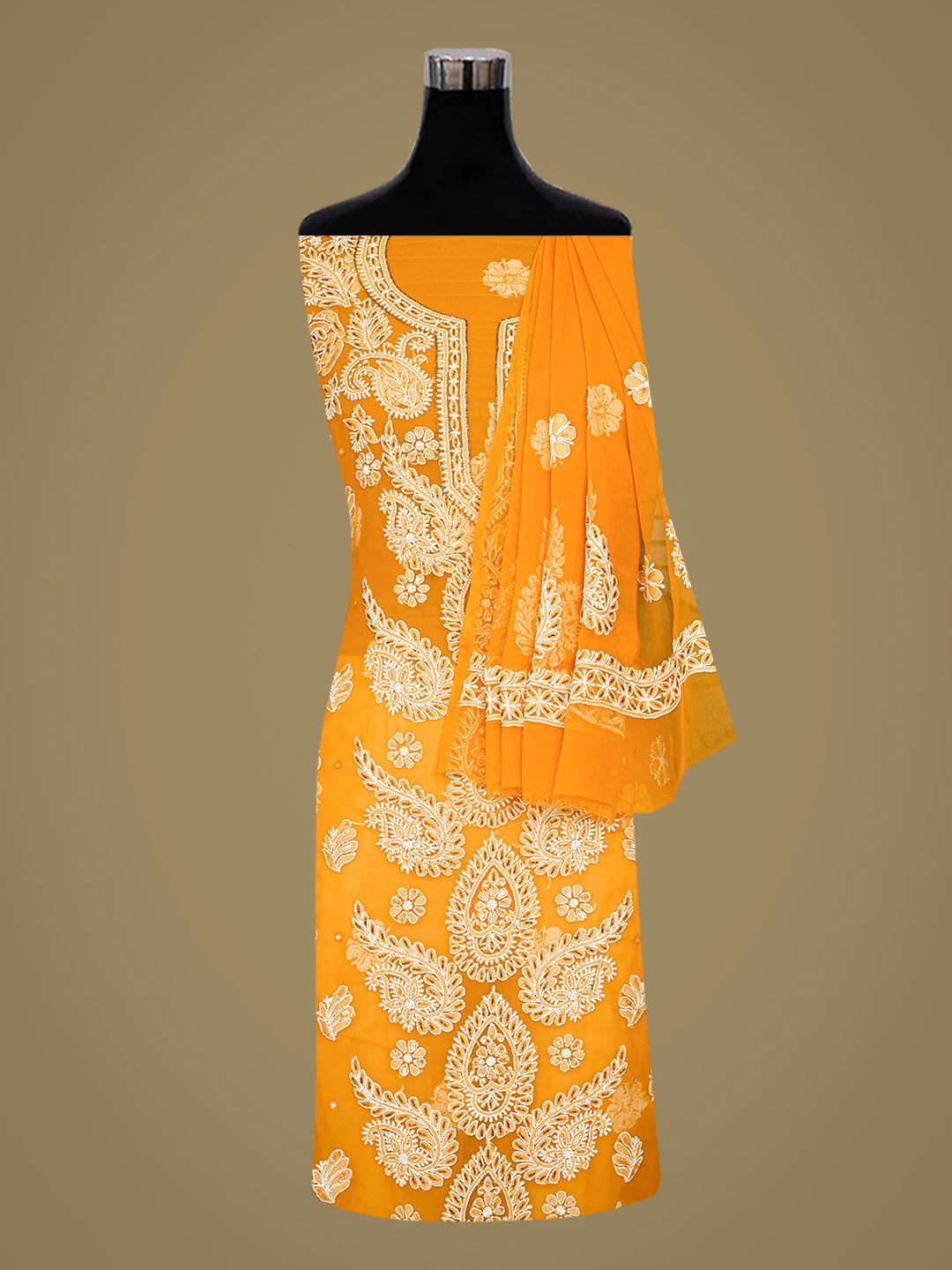 Ada Hand Embroidered Mustard Georgette Lucknowi Chikankari Unstitched Suit Piece With Cutdana Work 01A424611
