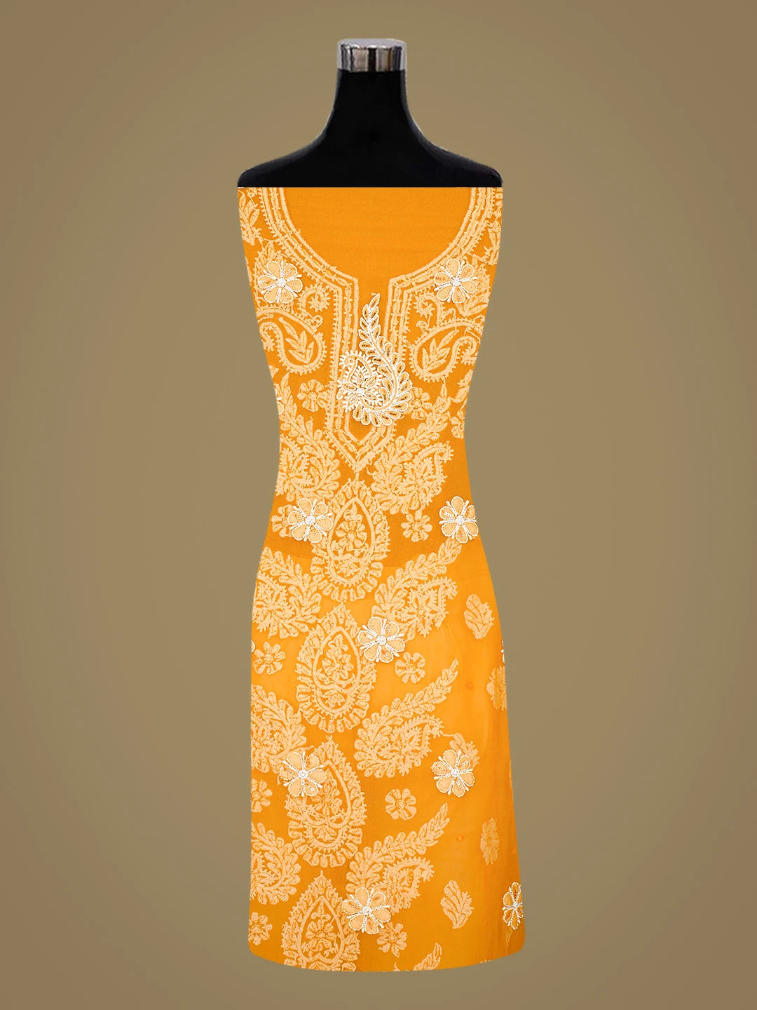 Ada Hand Embroidered Mustard Georgette Lucknowi Chikankari Unstitched Suit Piece With Cutdana Work 01A424611