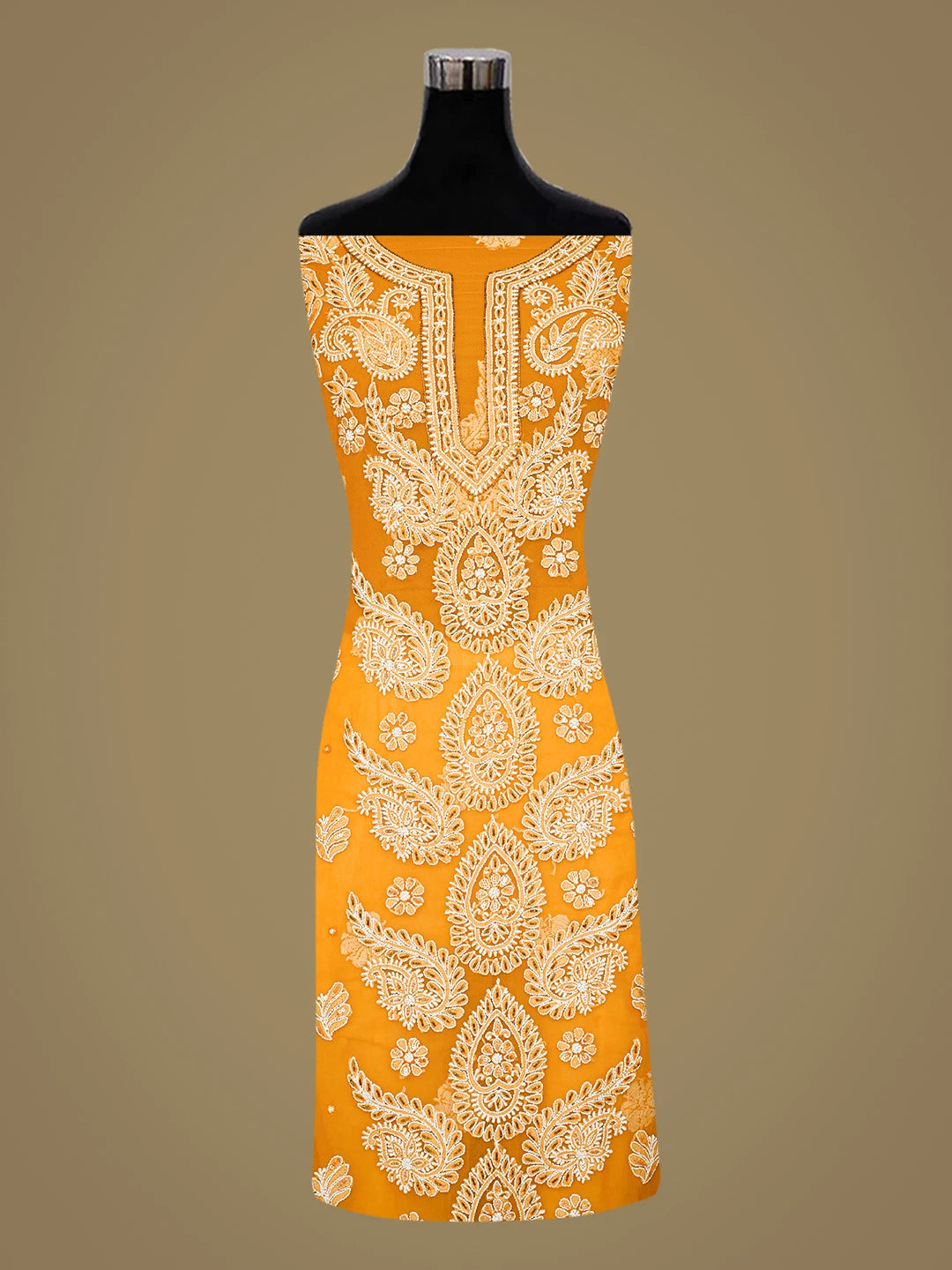 Ada Hand Embroidered Mustard Georgette Lucknowi Chikankari Unstitched Suit Piece With Cutdana Work 01A424611