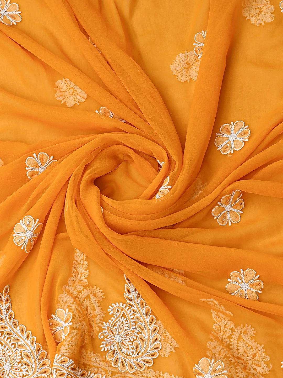 Ada Hand Embroidered Mustard Georgette Lucknowi Chikankari Unstitched Suit Piece With Cutdana Work 01A424611