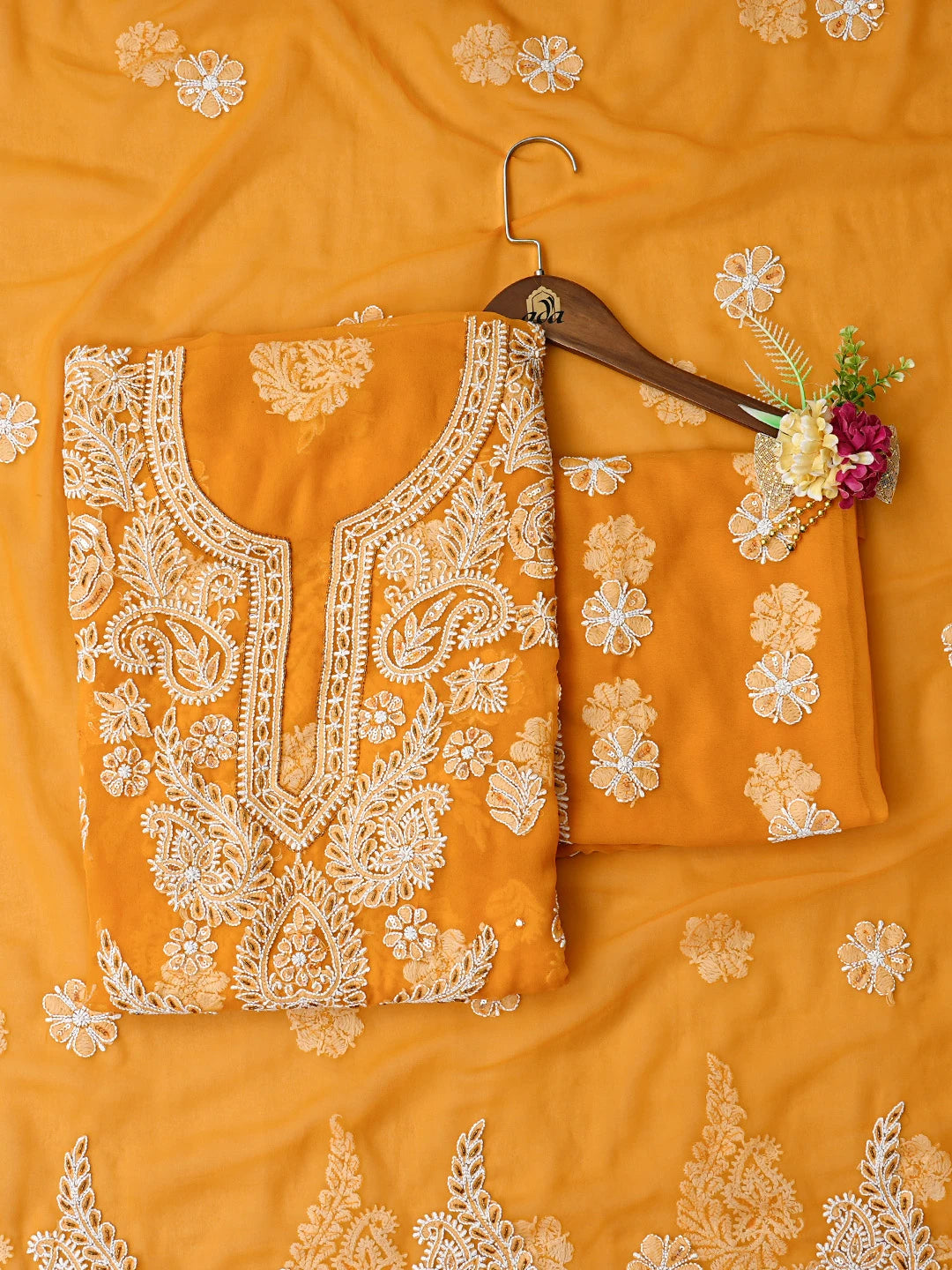 Ada Hand Embroidered Mustard Georgette Lucknowi Chikankari Unstitched Suit Piece With Cutdana Work 01A424611