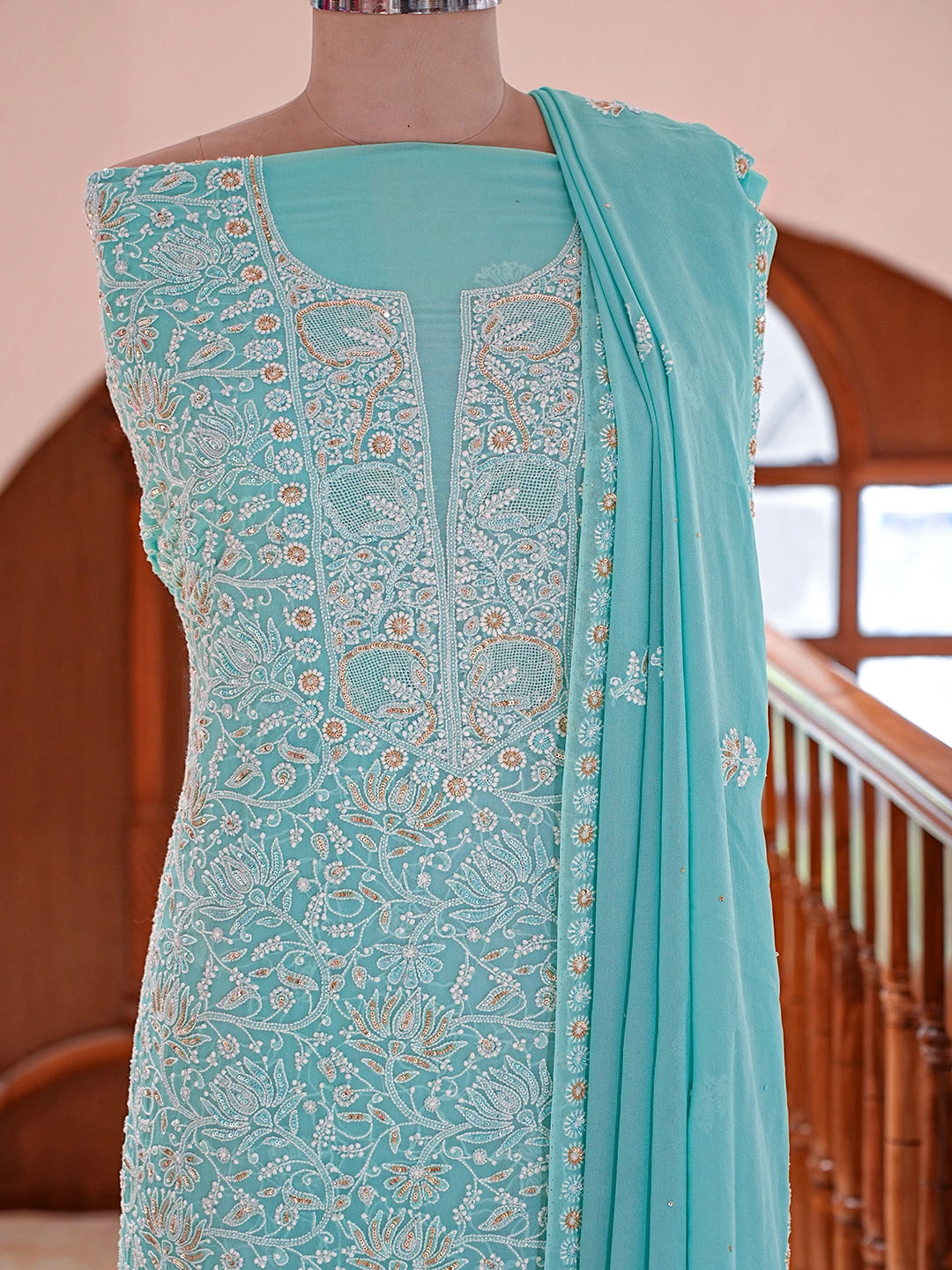 Ada Hand Embroidered Tiffany Blue Pure Georgette Lucknowi Chikankari Unstitched Kurta Dupatta Set With Sequinned Work 01A716001
