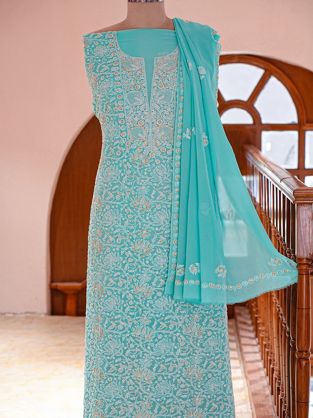 Ada Hand Embroidered Tiffany Blue Pure Georgette Lucknowi Chikankari Unstitched Kurta Dupatta Set With Sequinned Work 01A716001