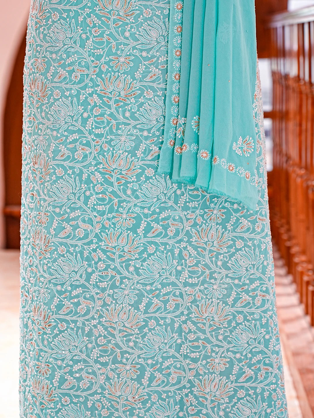 Ada Hand Embroidered Tiffany Blue Pure Georgette Lucknowi Chikankari Unstitched Kurta Dupatta Set With Sequinned Work 01A716001