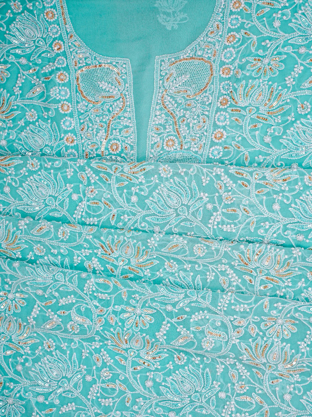Ada Hand Embroidered Tiffany Blue Pure Georgette Lucknowi Chikankari Unstitched Kurta Dupatta Set With Sequinned Work 01A716001