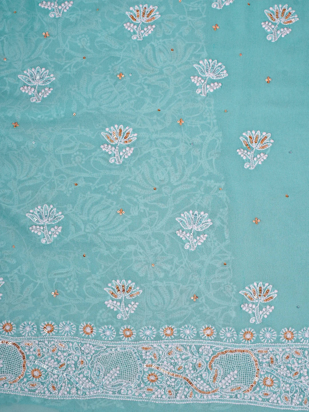 Ada Hand Embroidered Tiffany Blue Pure Georgette Lucknowi Chikankari Unstitched Kurta Dupatta Set With Sequinned Work 01A716001