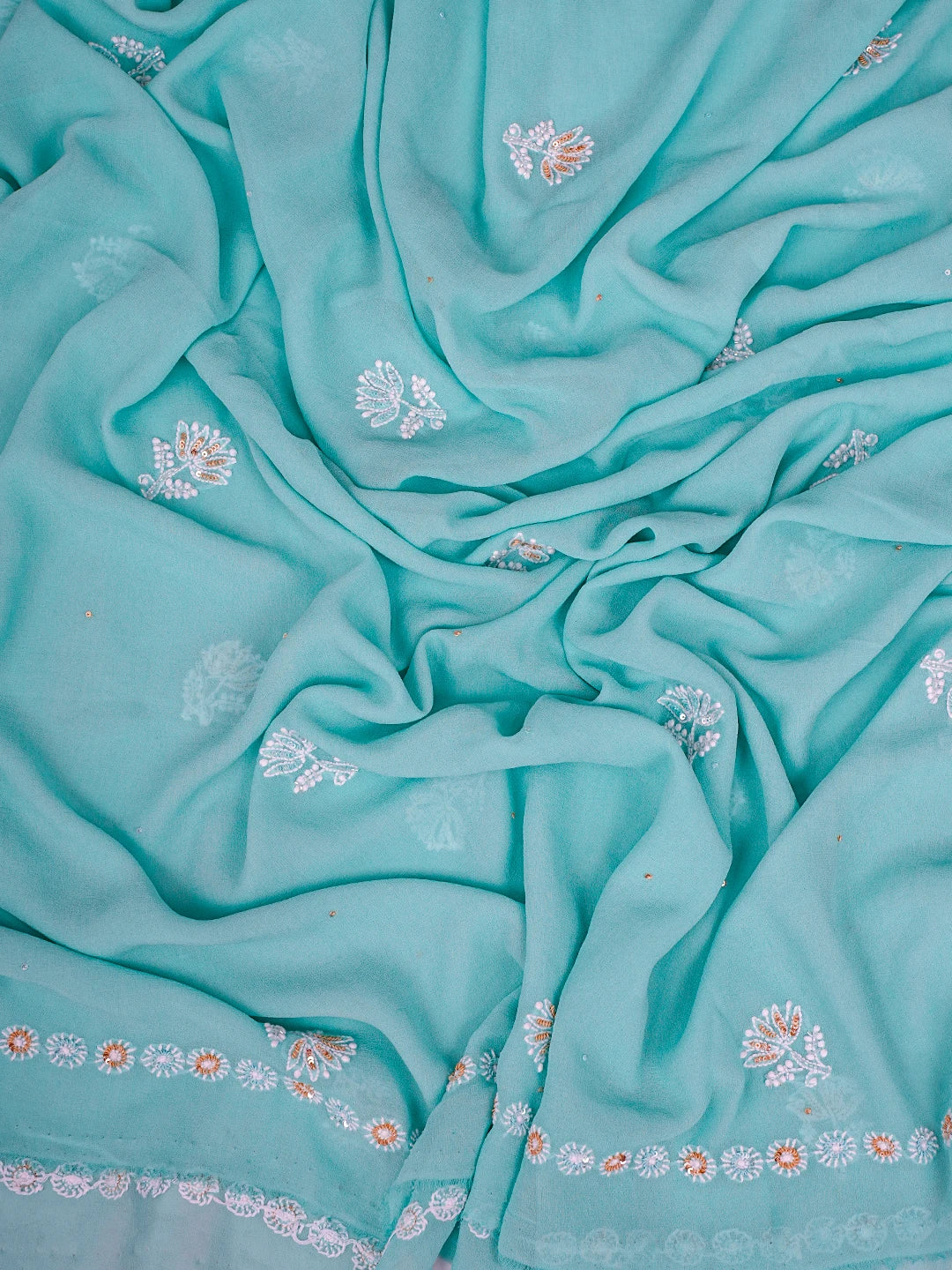 Ada Hand Embroidered Tiffany Blue Pure Georgette Lucknowi Chikankari Unstitched Kurta Dupatta Set With Sequinned Work 01A716001