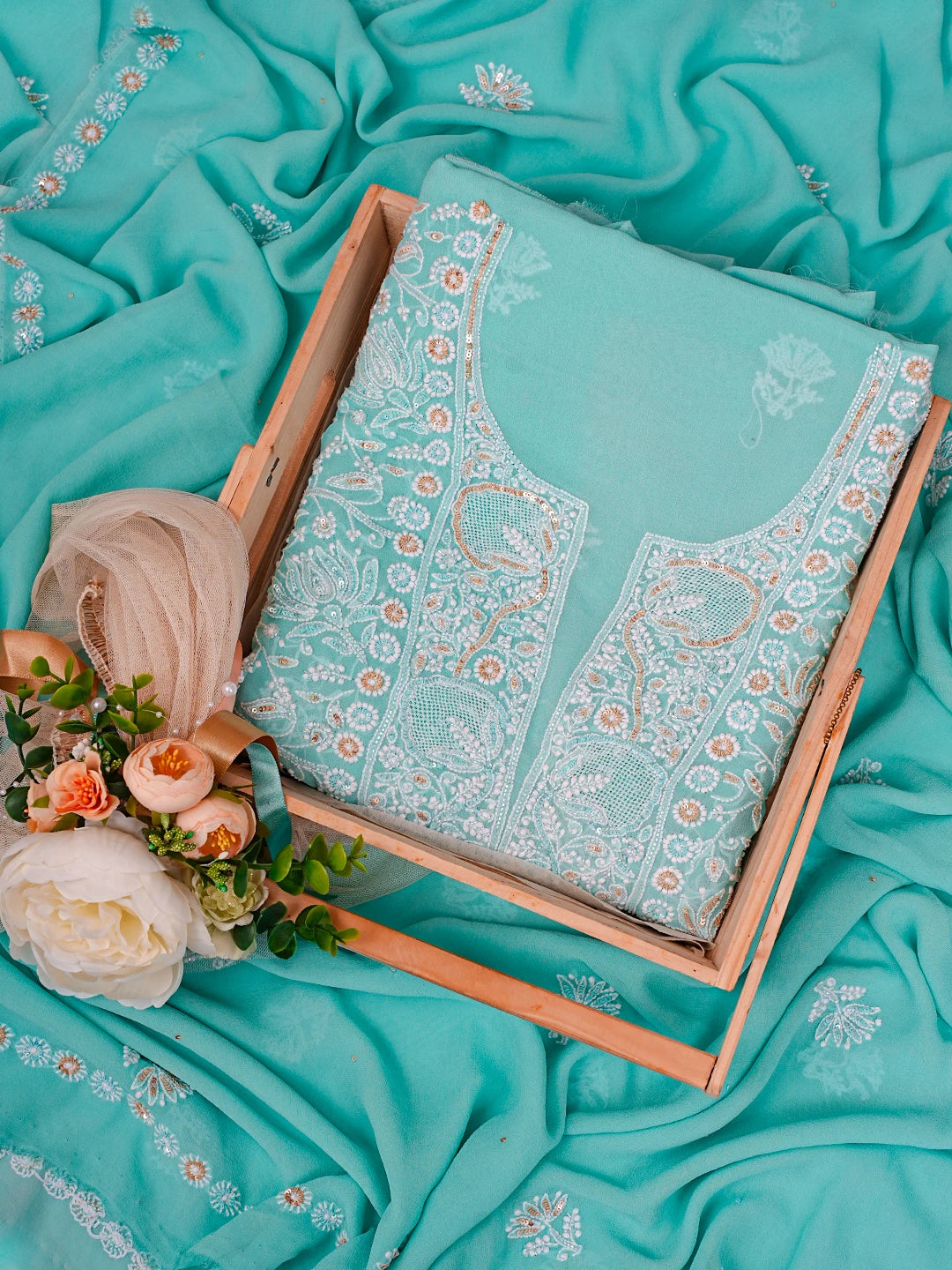 Ada Hand Embroidered Tiffany Blue Pure Georgette Lucknowi Chikankari Unstitched Kurta Dupatta Set With Sequinned Work 01A716001