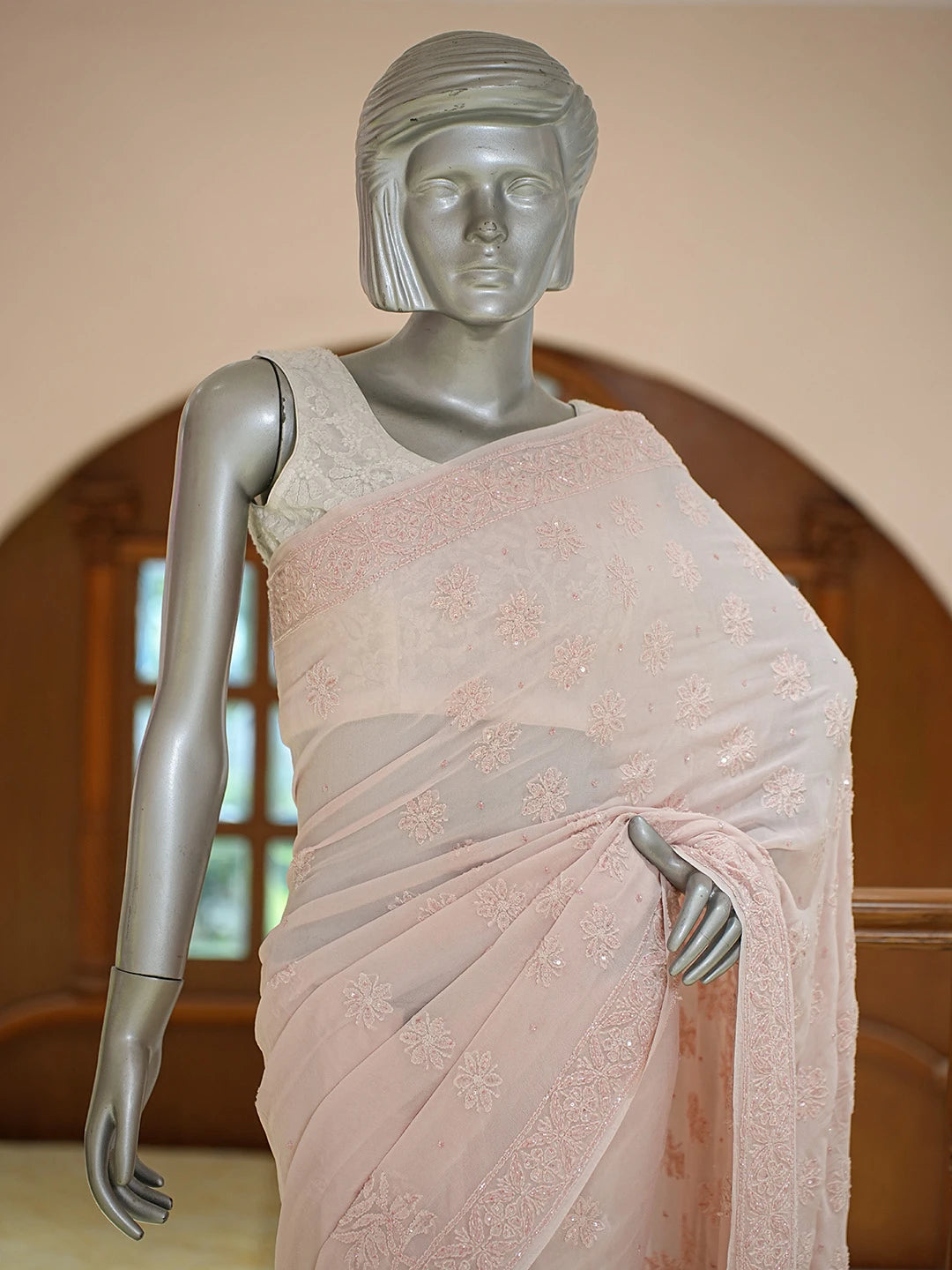 Ada Hand Embroidered Dusty Peach Viscose Georgette Lucknowi Chikankari Saree and Blouse With Cutdana Work 01A770253