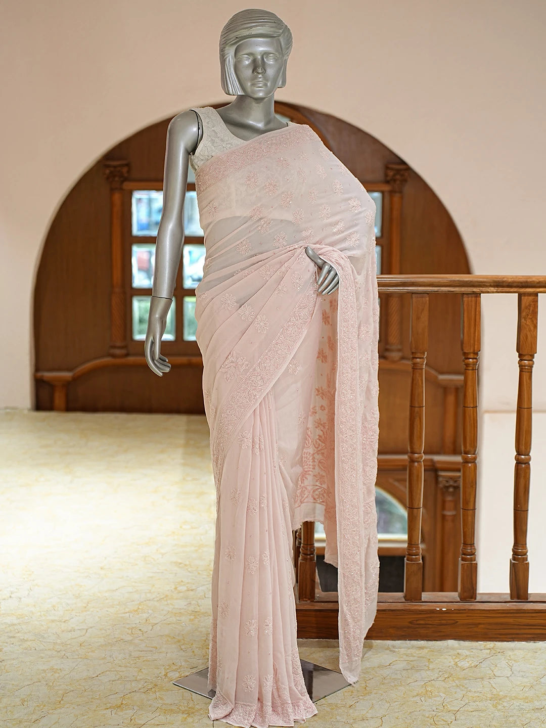 Ada Hand Embroidered Dusty Peach Viscose Georgette Lucknowi Chikankari Saree and Blouse With Cutdana Work 01A770253