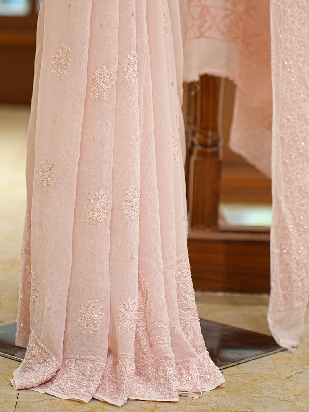 Ada Hand Embroidered Dusty Peach Viscose Georgette Lucknowi Chikankari Saree and Blouse With Cutdana Work 01A770253