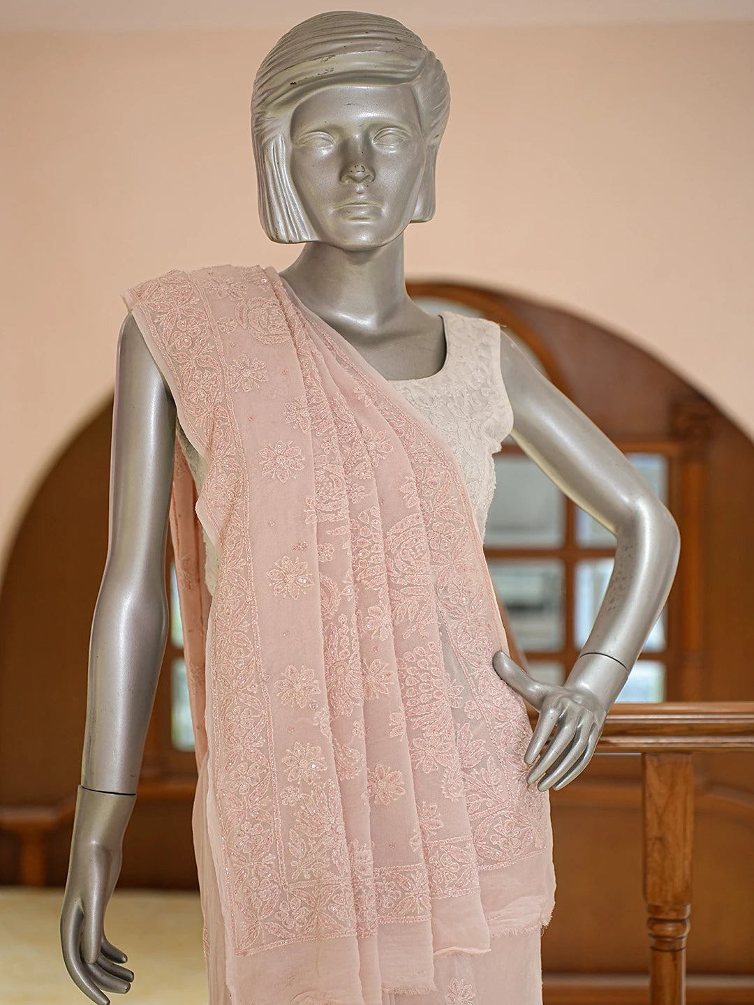 Ada Hand Embroidered Dusty Peach Viscose Georgette Lucknowi Chikankari Saree and Blouse With Cutdana Work 01A770253
