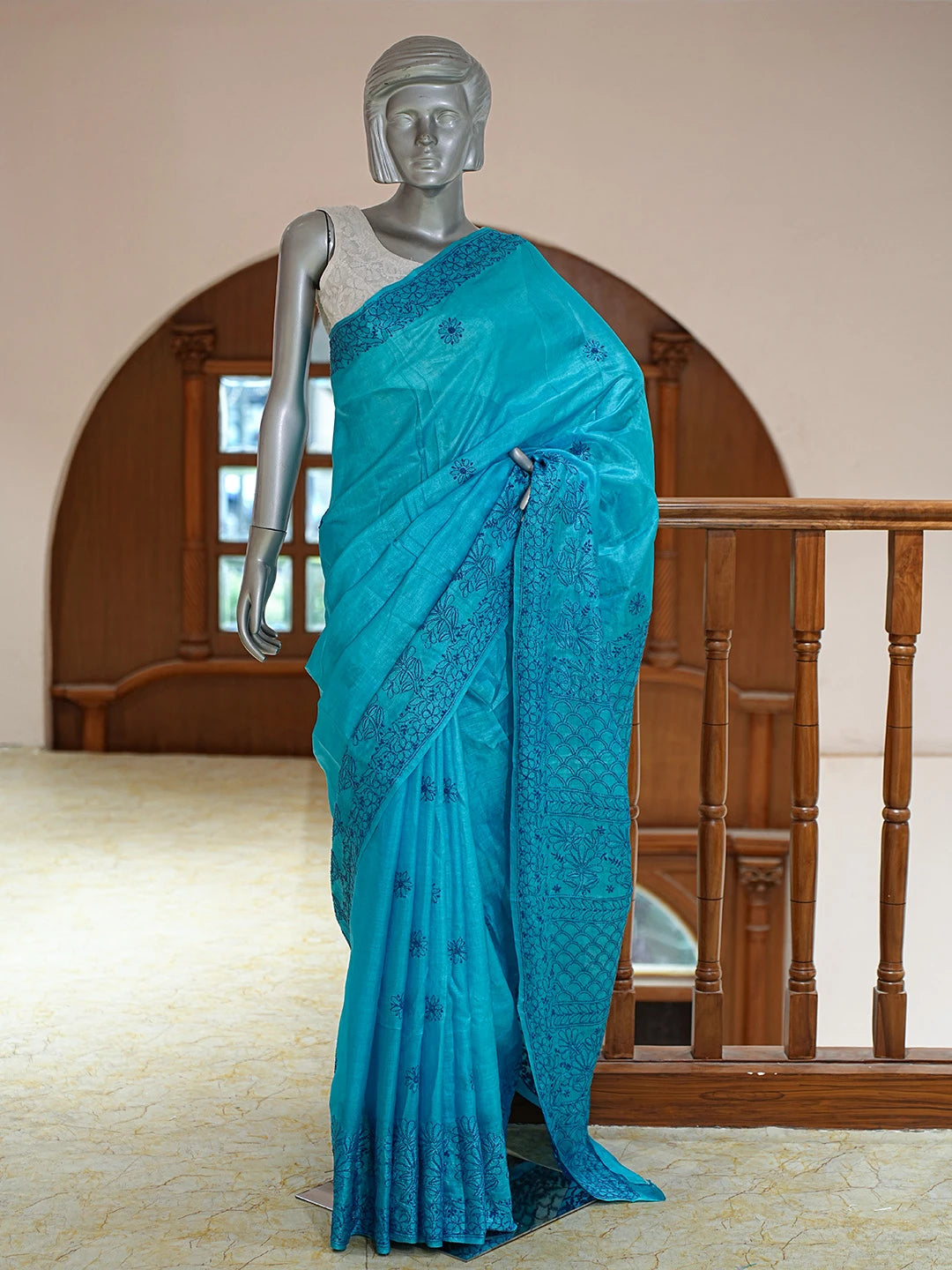 Ada Hand Embroidered Blue Silk Lucknowi Chikankari Saree and Blouse 01A808661