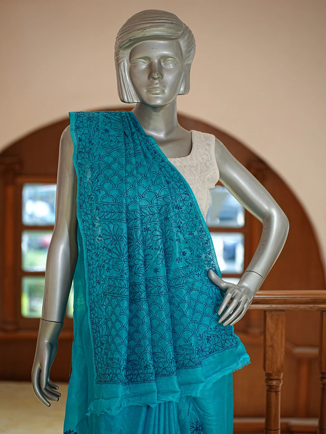 Ada Hand Embroidered Blue Silk Lucknowi Chikankari Saree and Blouse 01A808661