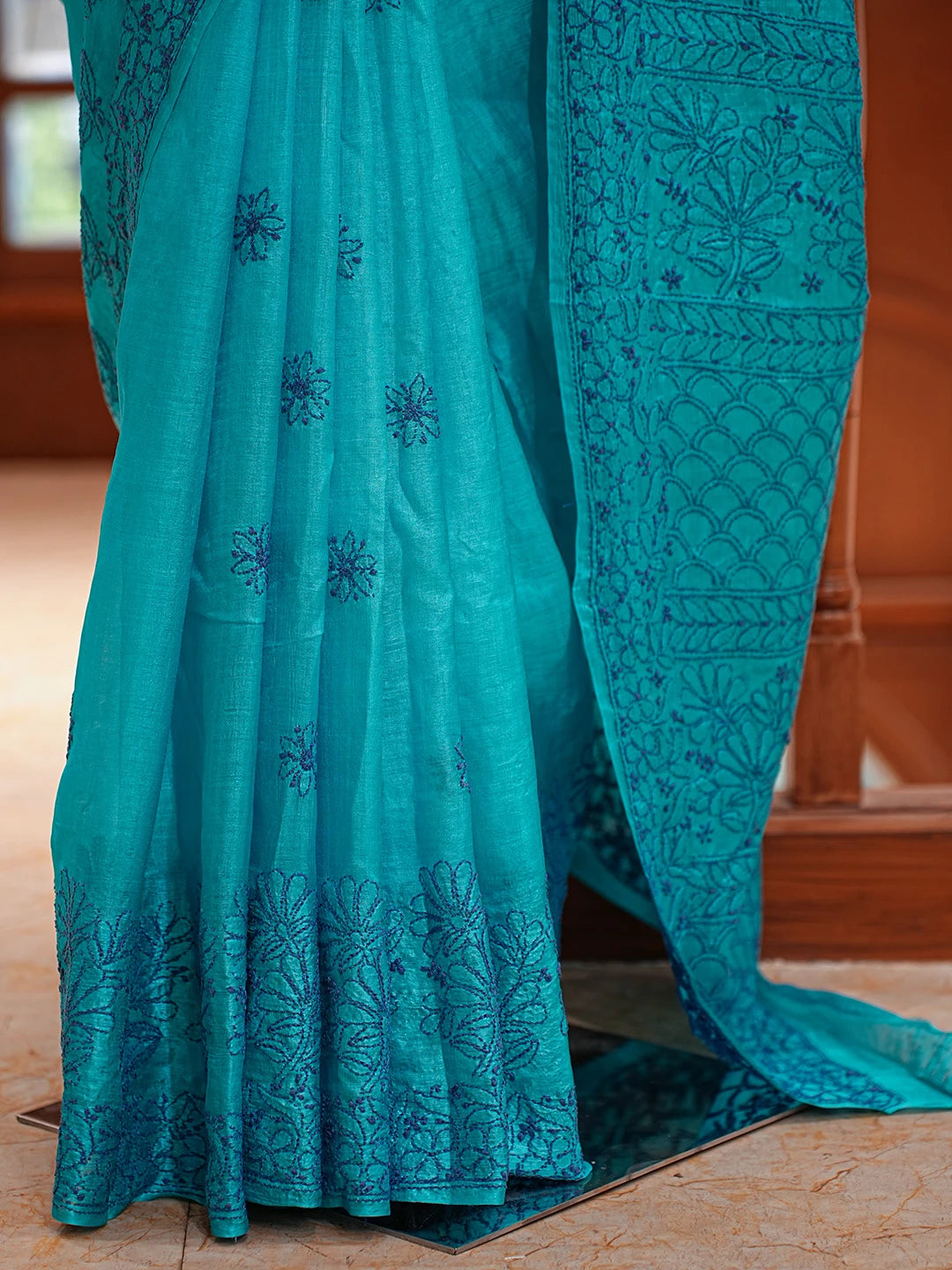 Ada Hand Embroidered Blue Silk Lucknowi Chikankari Saree and Blouse 01A808661