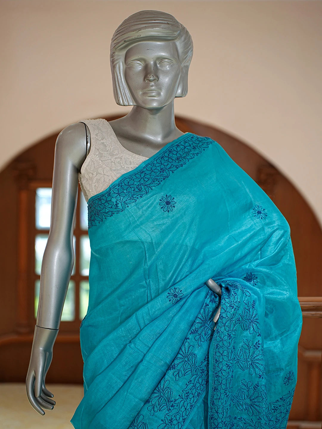 Ada Hand Embroidered Blue Silk Lucknowi Chikankari Saree and Blouse 01A808661