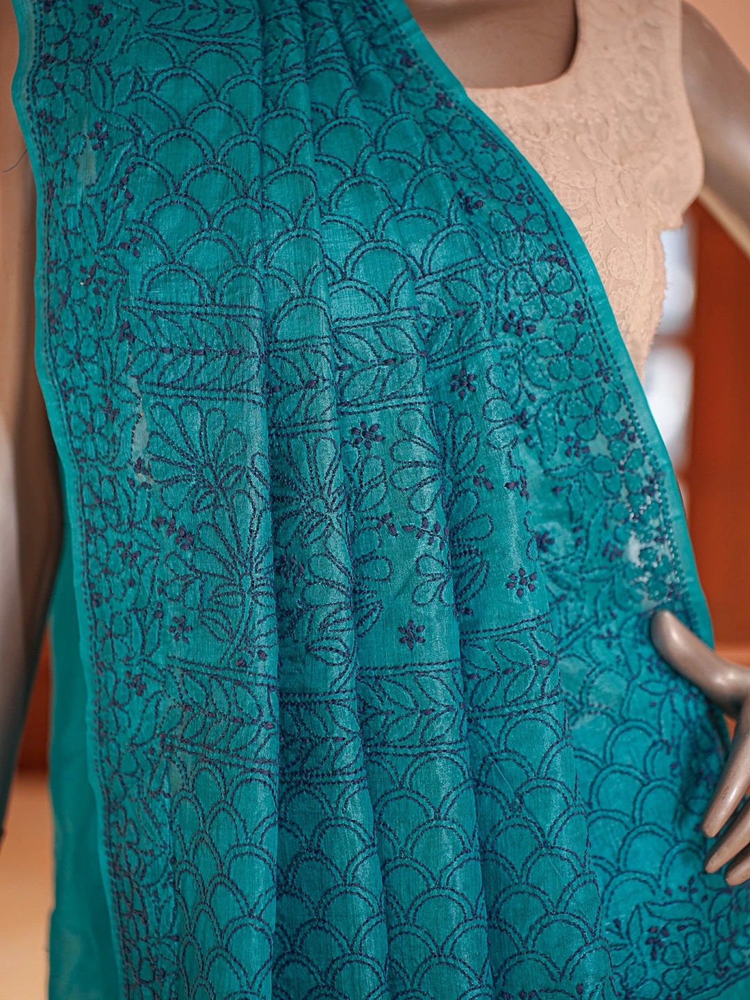 Ada Hand Embroidered Blue Silk Lucknowi Chikankari Saree and Blouse 01A808661