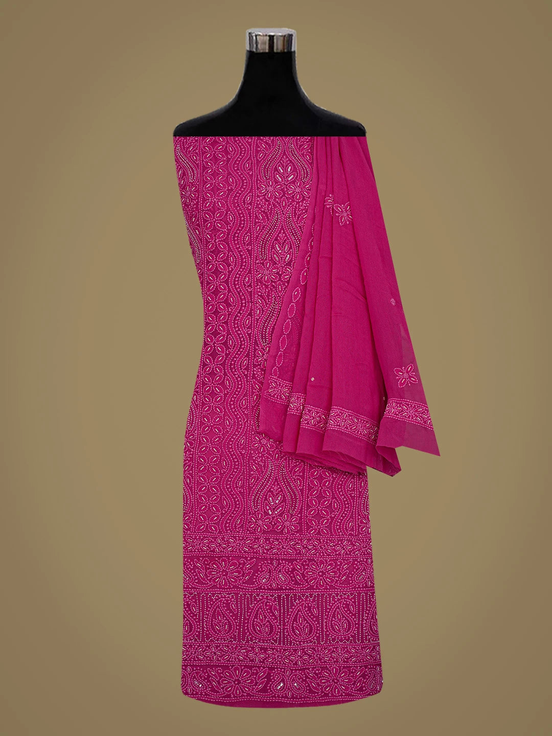 Ada Hand Embroidered Magenta Viscose Georgette Lucknowi Chikankari Unstitched Kurta Dupatta Set With Sequins Work 01A774253