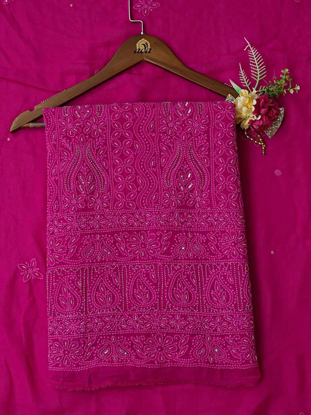 Ada Hand Embroidered Magenta Viscose Georgette Lucknowi Chikankari Unstitched Kurta Dupatta Set With Sequins Work 01A774253