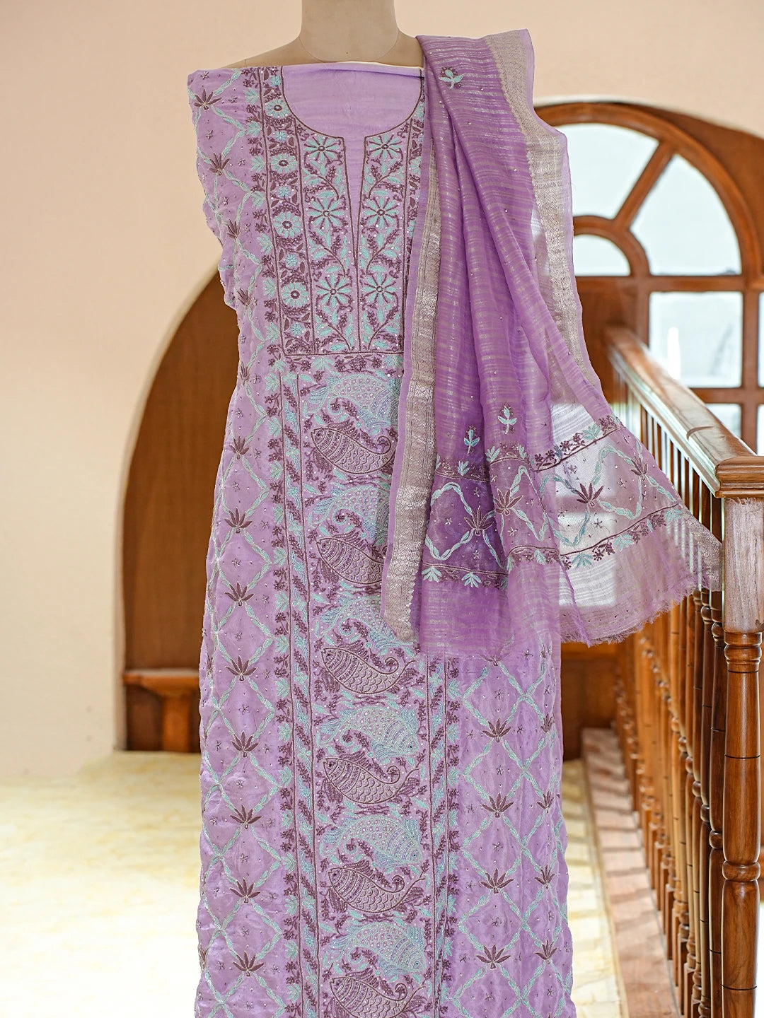 Ada Hand Embroidered Mauve Silk Lucknowi Chikankari Unstitched Kurta Dupatta Set With Cutdana Work 01A719262