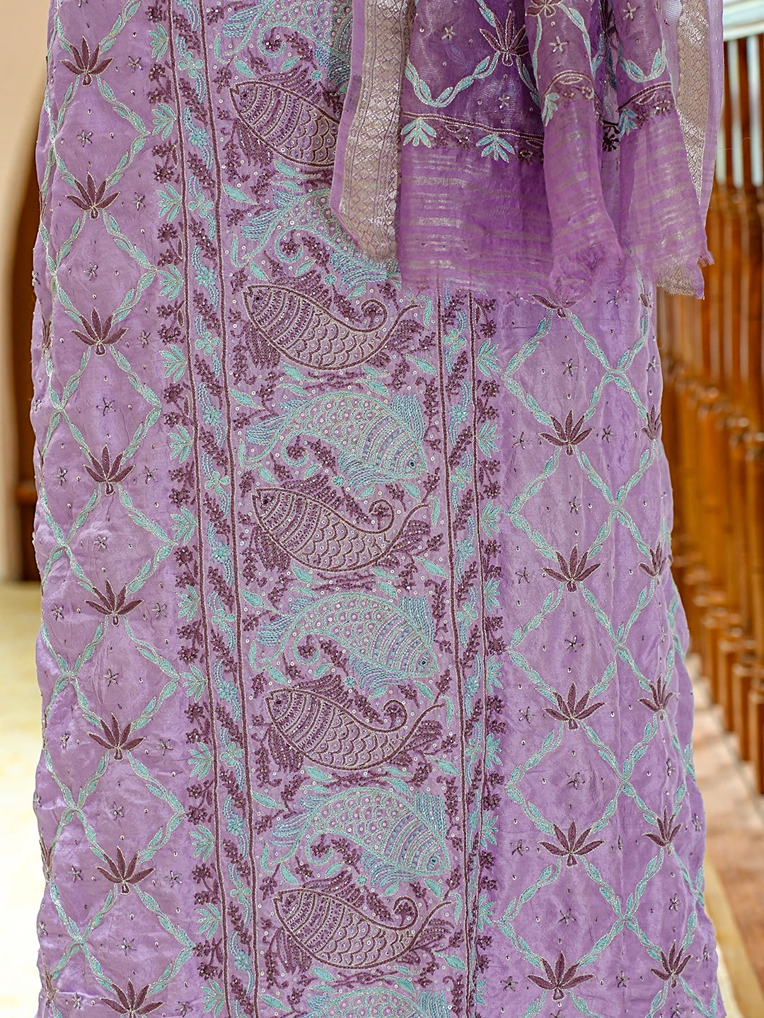 Ada Hand Embroidered Mauve Silk Lucknowi Chikankari Unstitched Kurta Dupatta Set With Cutdana Work 01A719262