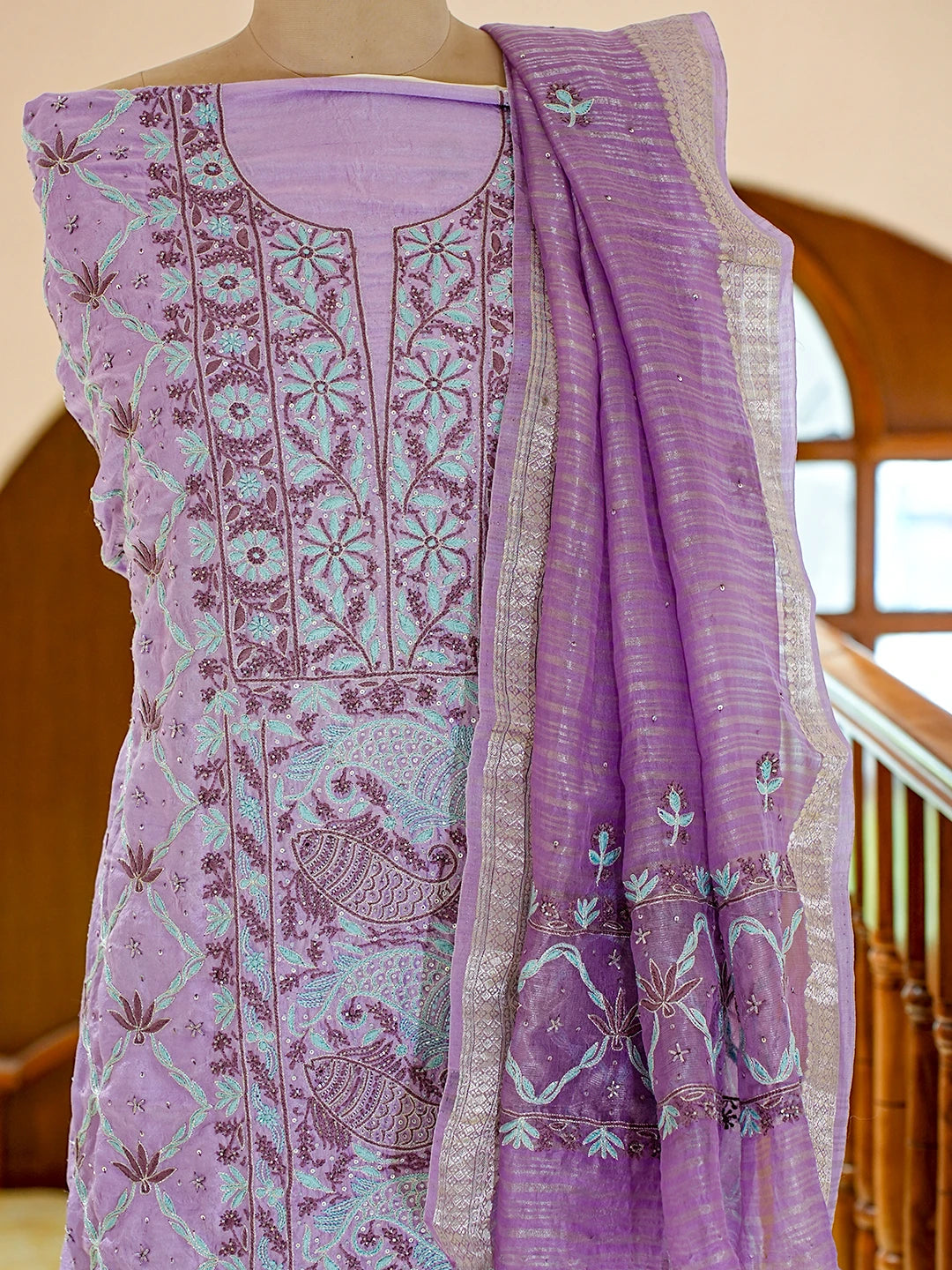 Ada Hand Embroidered Mauve Silk Lucknowi Chikankari Unstitched Kurta Dupatta Set With Cutdana Work 01A719262