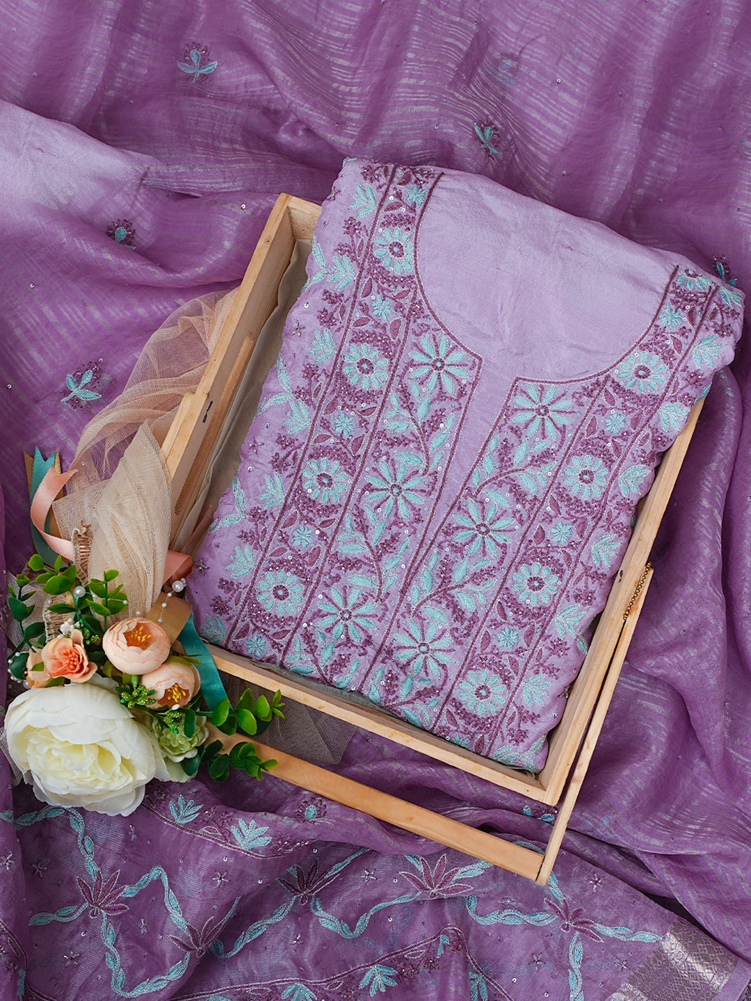 Ada Hand Embroidered Mauve Silk Lucknowi Chikankari Unstitched Kurta Dupatta Set With Cutdana Work 01A719262