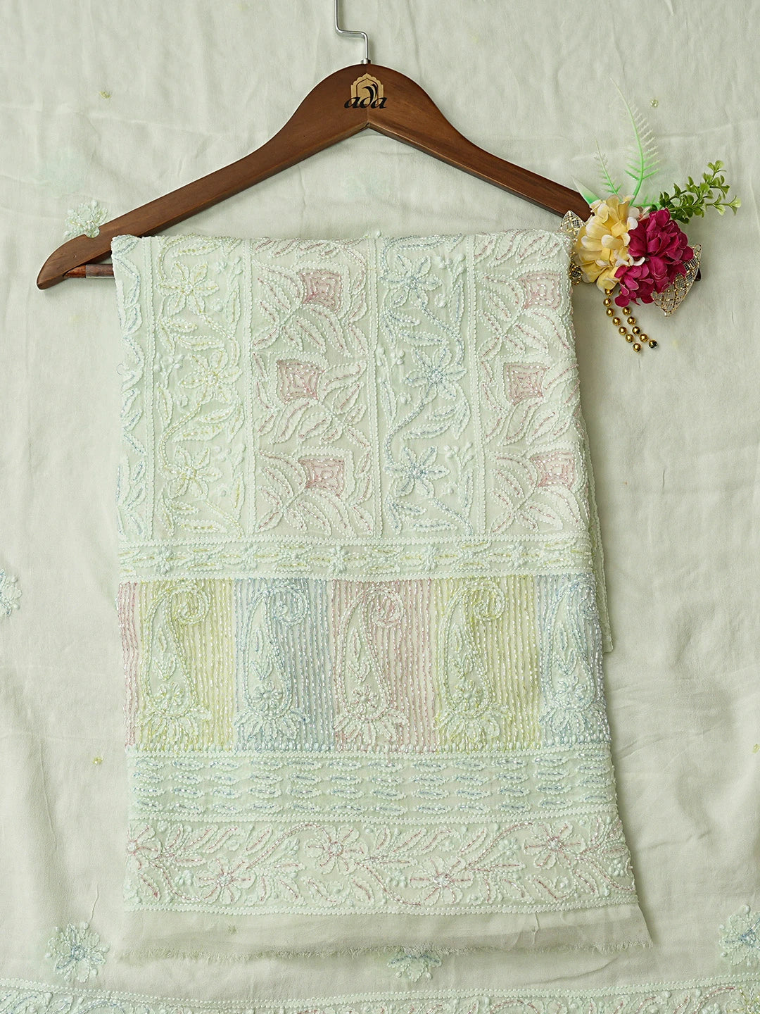 Ada Hand Embroidered Light Green Viscose Georgette Lucknowi Chikankari Unstitched Kurta Dupatta Set With Cutdana Work 01A784859