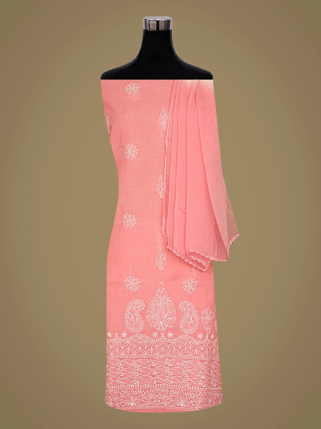 Ada Hand Embroidered Carrot Pink Cotton Lucknowi Chikankari Unstitched Suit Piece 01A819079