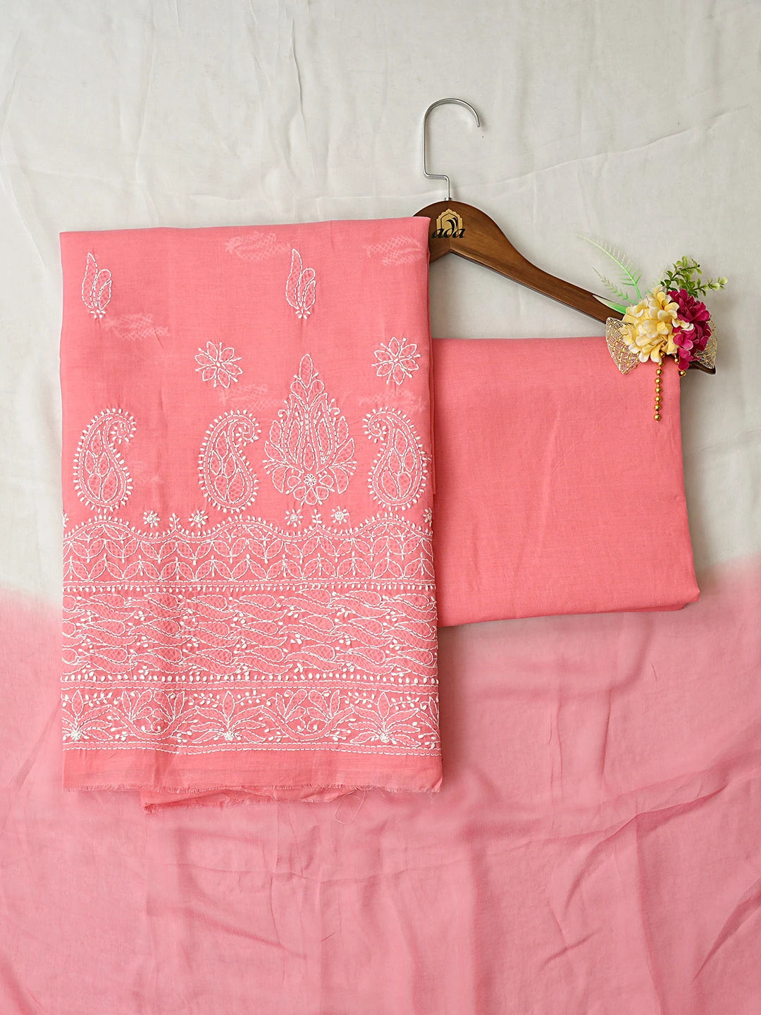 Ada Hand Embroidered Carrot Pink Cotton Lucknowi Chikankari Unstitched Suit Piece 01A819079