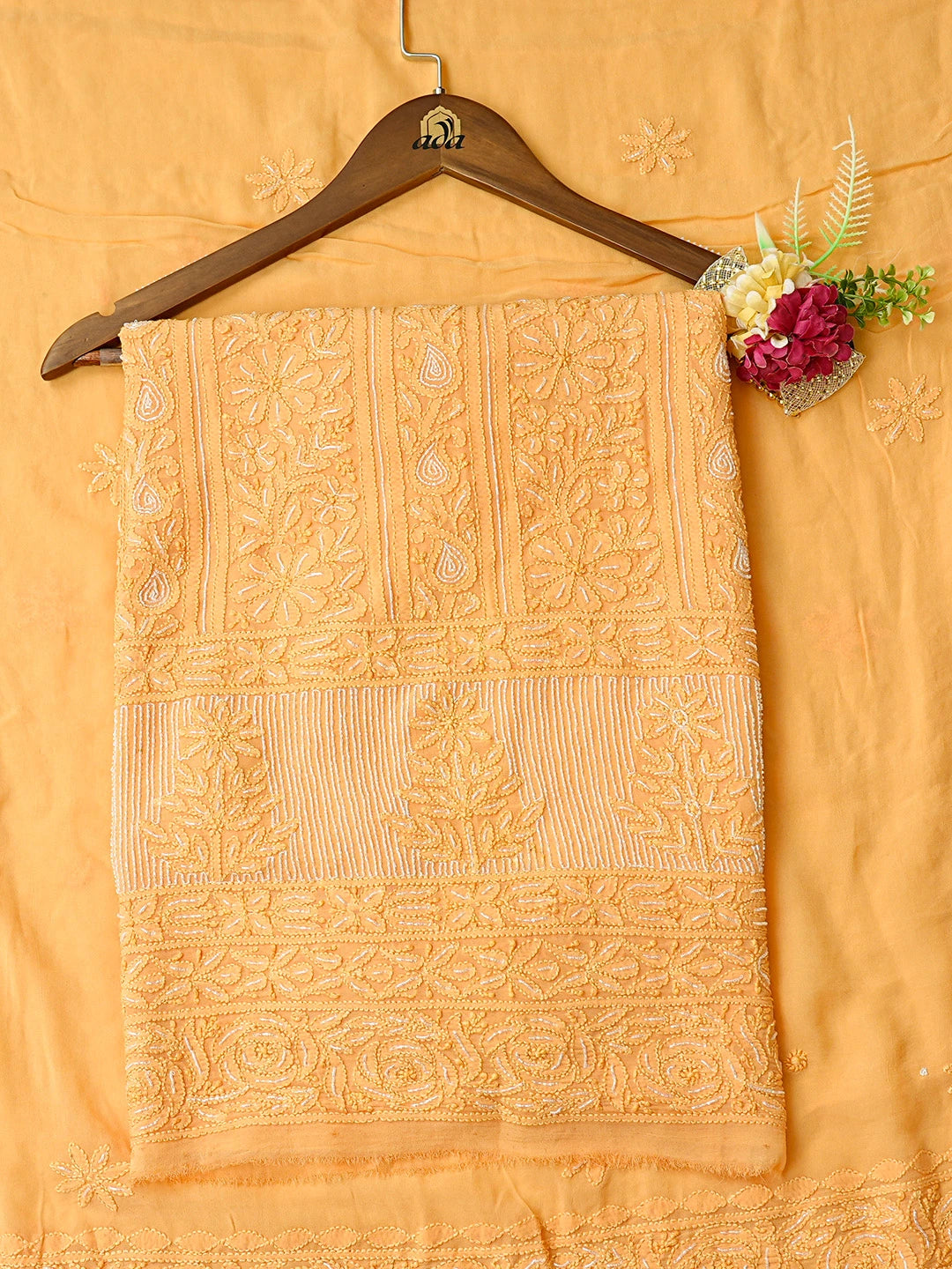 Ada Hand Embroidered Orange Viscose Georgette Lucknowi Chikankari Unstitched Kurta Dupatta Set With Cutdana Work 01A806918