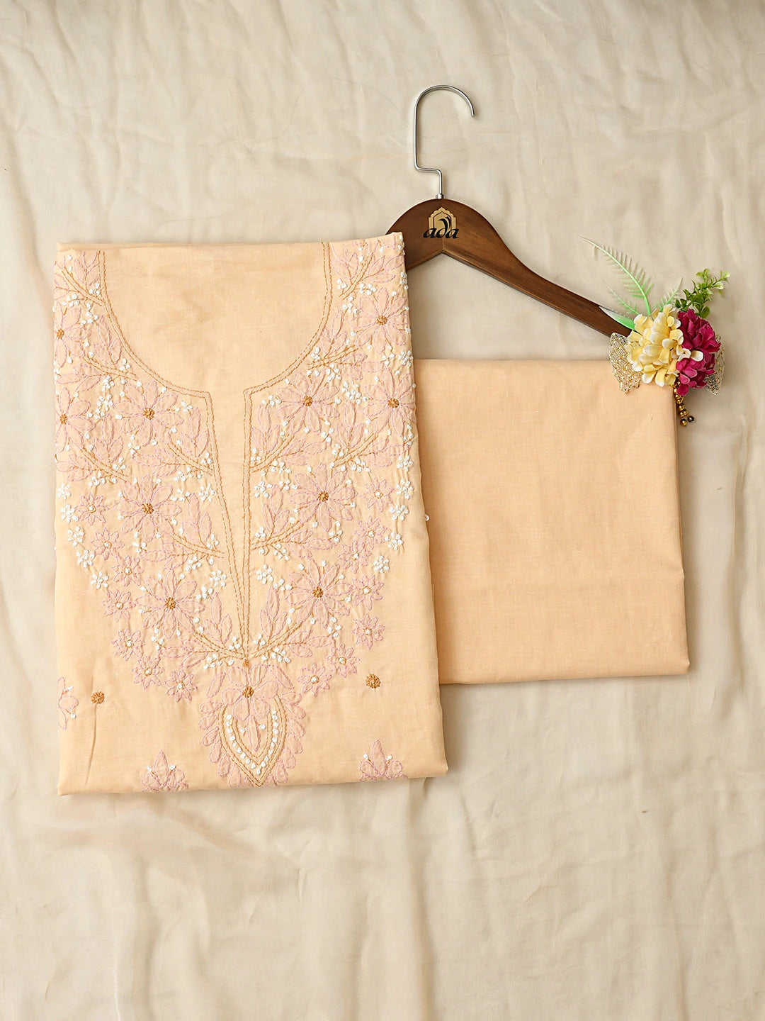 Ada Hand Embroidered Crayola Peach Cotton Lucknowi Chikankari Unstitched Suit Piece 08A500542