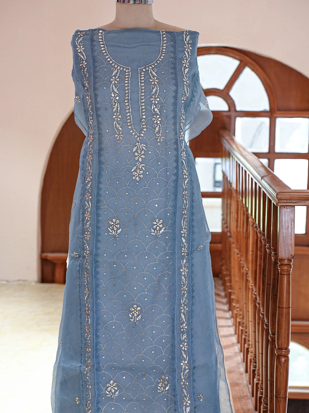 Ada Hand Embroidered Air Force Blue Organza Lucknowi Chikankari Semi-stitched Kurta Dupatta Set With Muqaish Work 01A774249
