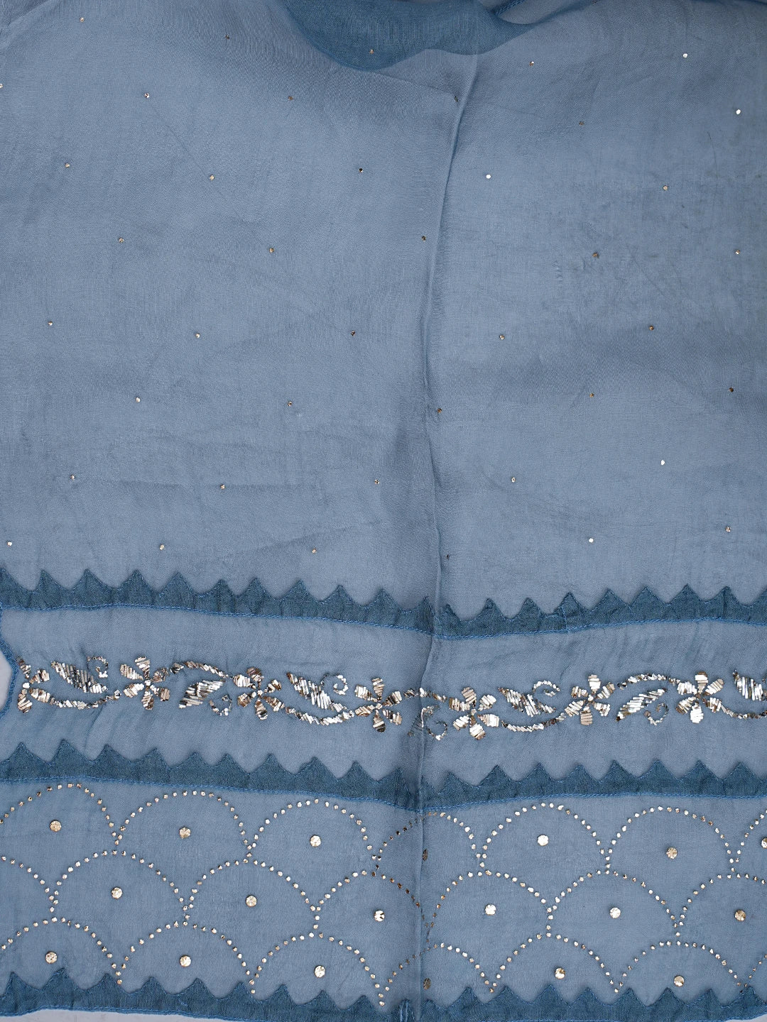 Ada Hand Embroidered Air Force Blue Organza Lucknowi Chikankari Semi-stitched Kurta Dupatta Set With Muqaish Work 01A774249