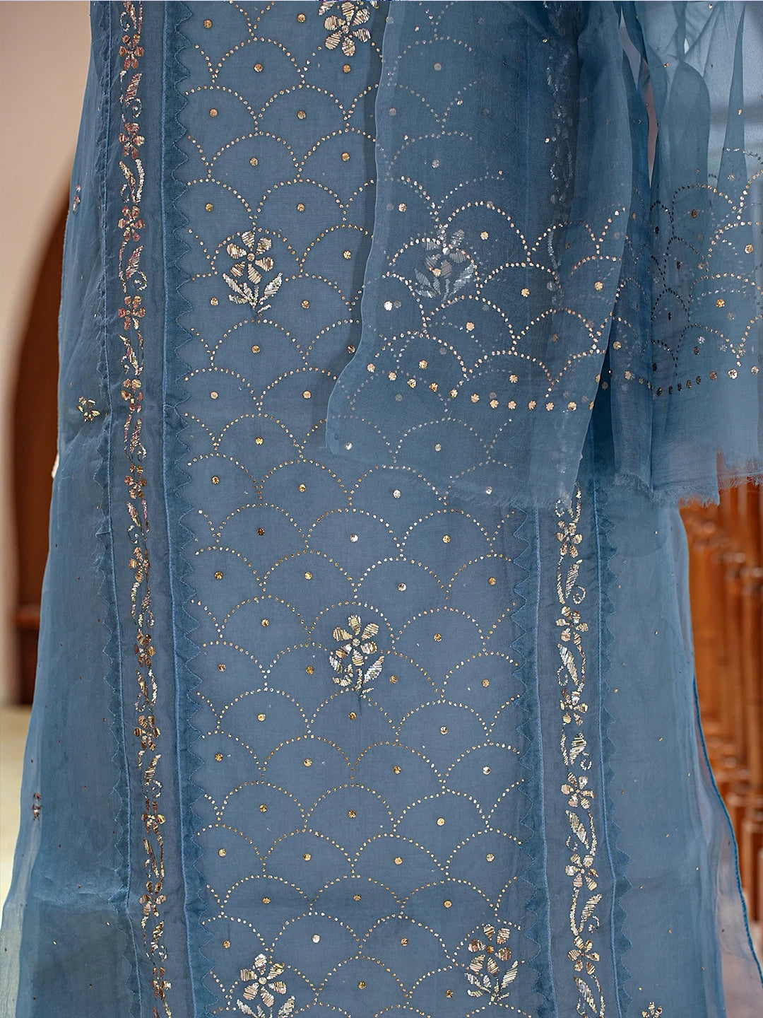 Ada Hand Embroidered Air Force Blue Organza Lucknowi Chikankari Semi-stitched Kurta Dupatta Set With Muqaish Work 01A774249