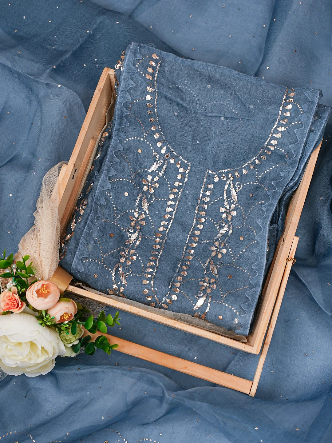 Ada Hand Embroidered Air Force Blue Organza Lucknowi Chikankari Semi-stitched Kurta Dupatta Set With Muqaish Work 01A774249