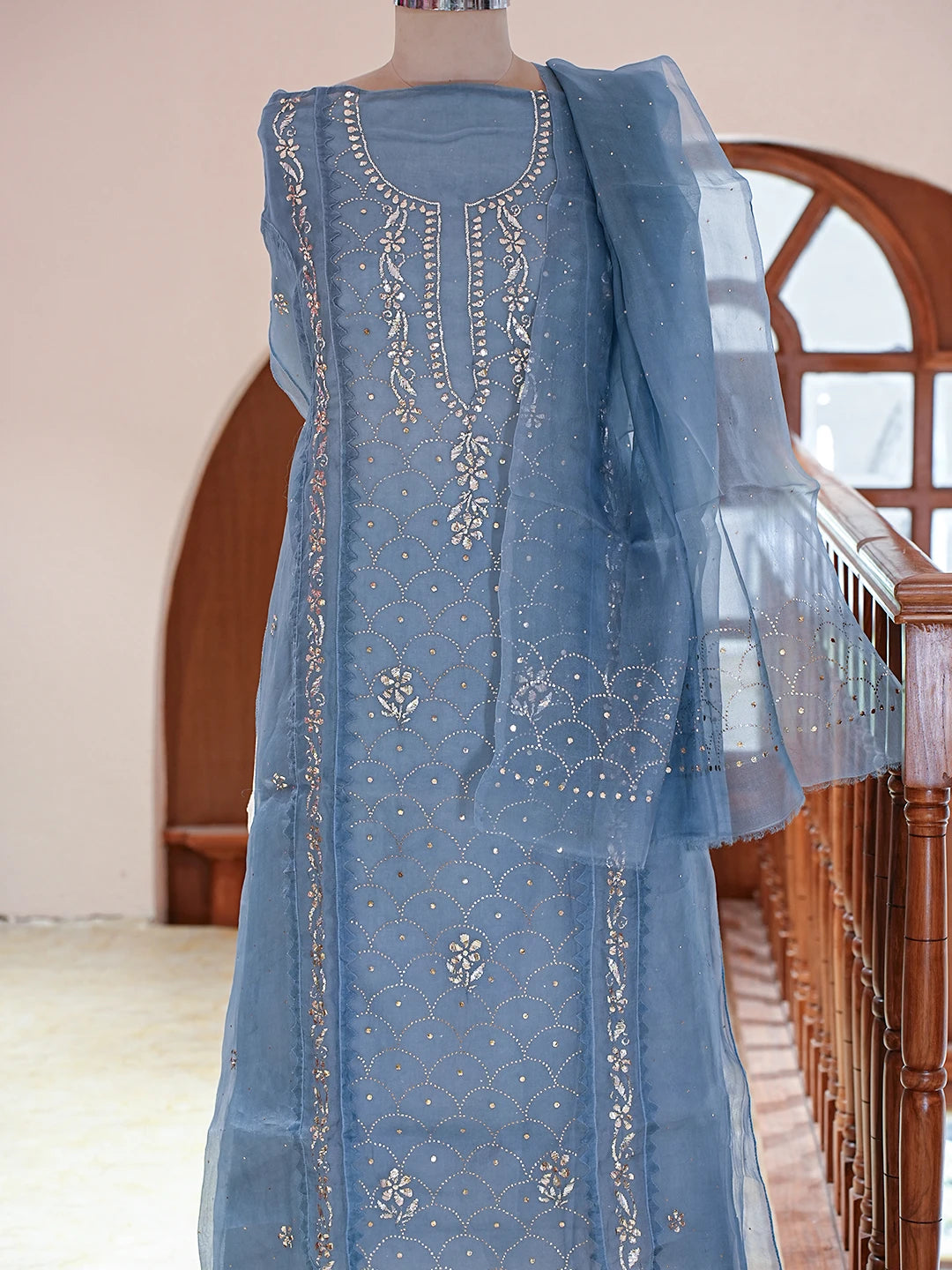 Ada Hand Embroidered Air Force Blue Organza Lucknowi Chikankari Semi-stitched Kurta Dupatta Set With Muqaish Work 01A774249