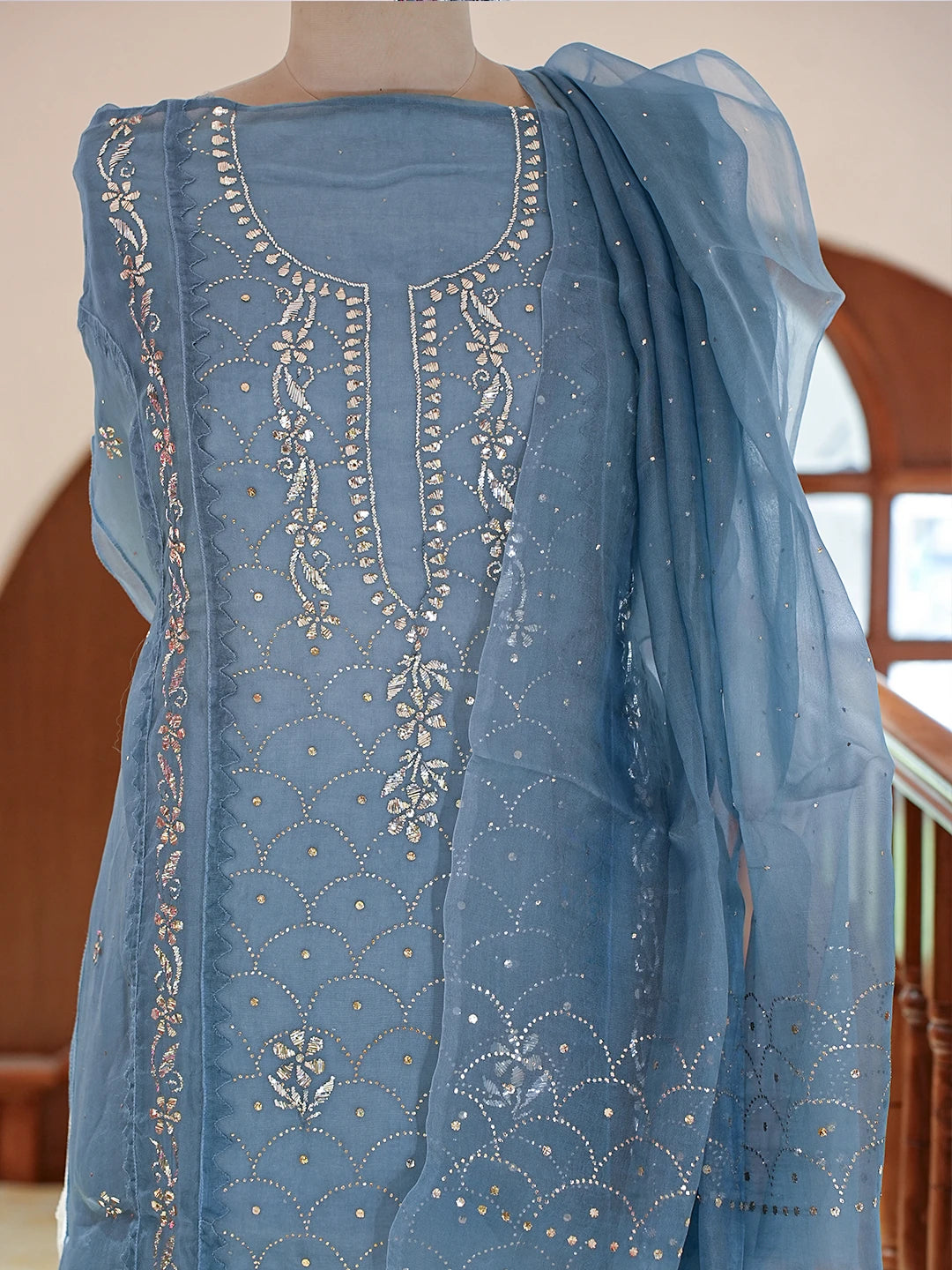 Ada Hand Embroidered Air Force Blue Organza Lucknowi Chikankari Semi-stitched Kurta Dupatta Set With Muqaish Work 01A774249