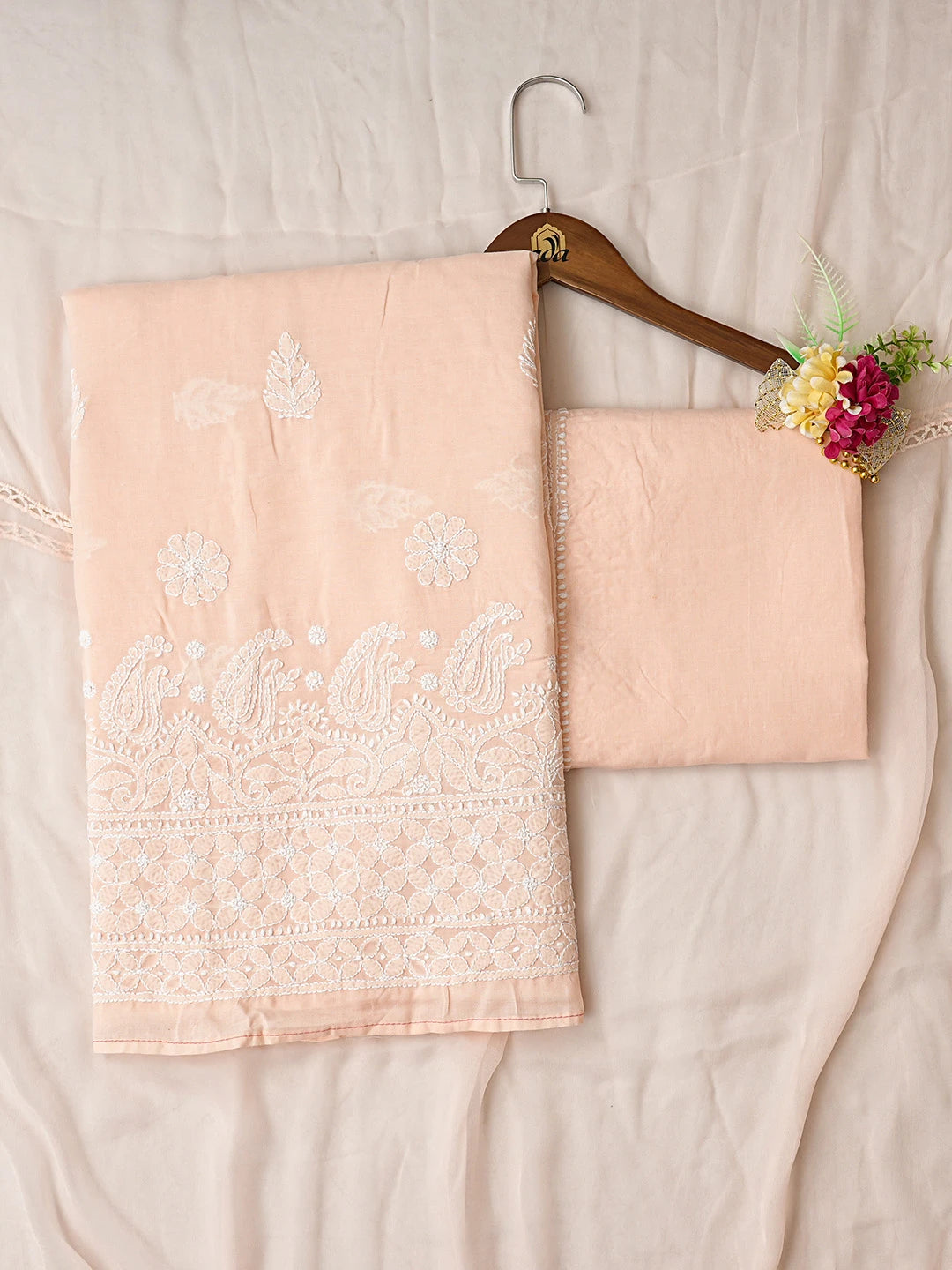 Ada Hand Embroidered Peach Cotton Lucknowi Chikankari Unstitched Suit Piece 01A819058