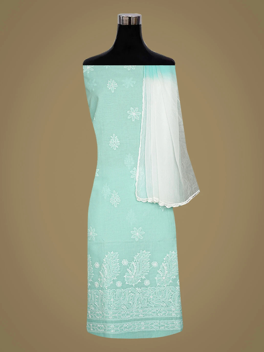 Ada Hand Embroidered Sea Green Cotton Lucknowi Chikankari Unstitched Suit Piece 01A819073