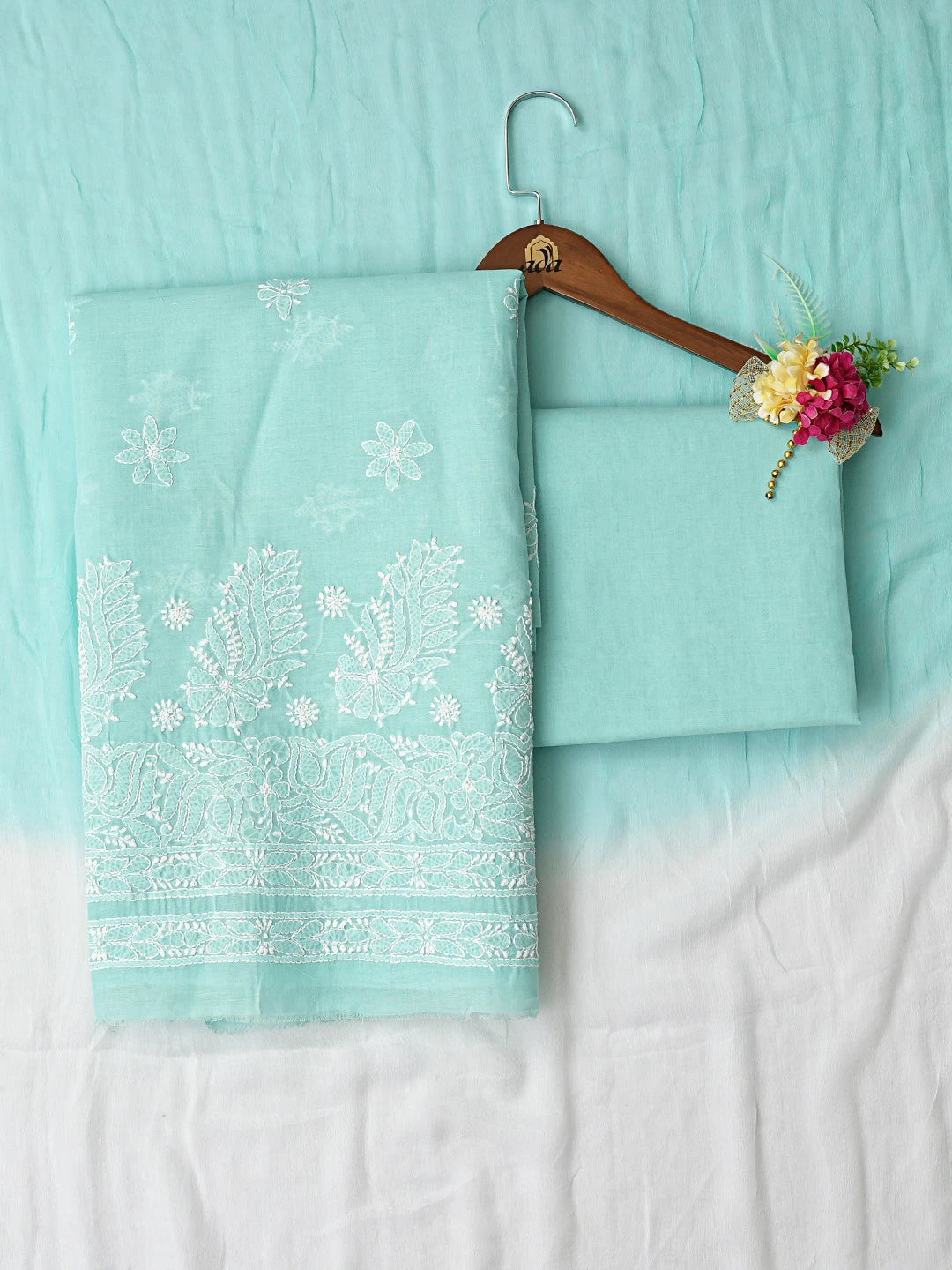 Ada Hand Embroidered Sea Green Cotton Lucknowi Chikankari Unstitched Suit Piece 01A819073