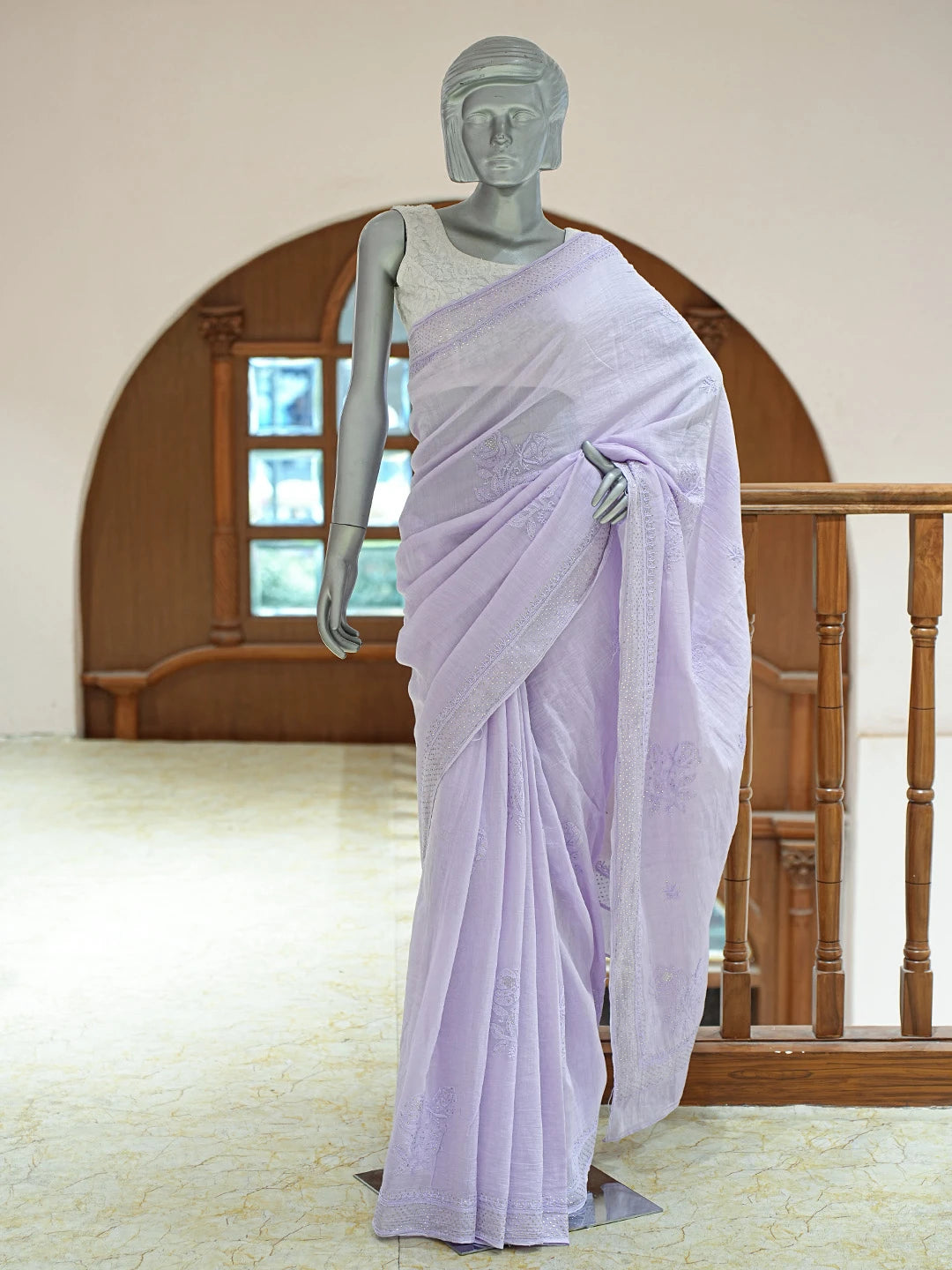 Ada Hand Embroidered Light Periwinkle Mauve Chanderi Lucknowi Chikankari Saree/Blouse with Muqaish Work 01A675543