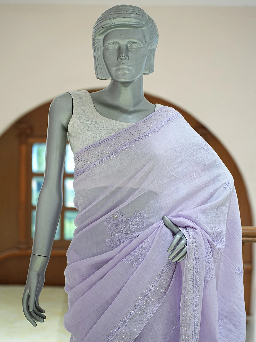 Ada Hand Embroidered Light Periwinkle Mauve Chanderi Lucknowi Chikankari Saree/Blouse with Muqaish Work 01A675543