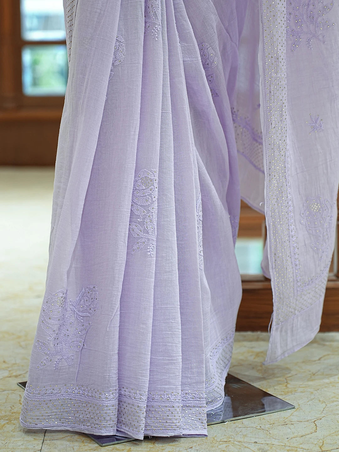 Ada Hand Embroidered Light Periwinkle Mauve Chanderi Lucknowi Chikankari Saree/Blouse with Muqaish Work 01A675543