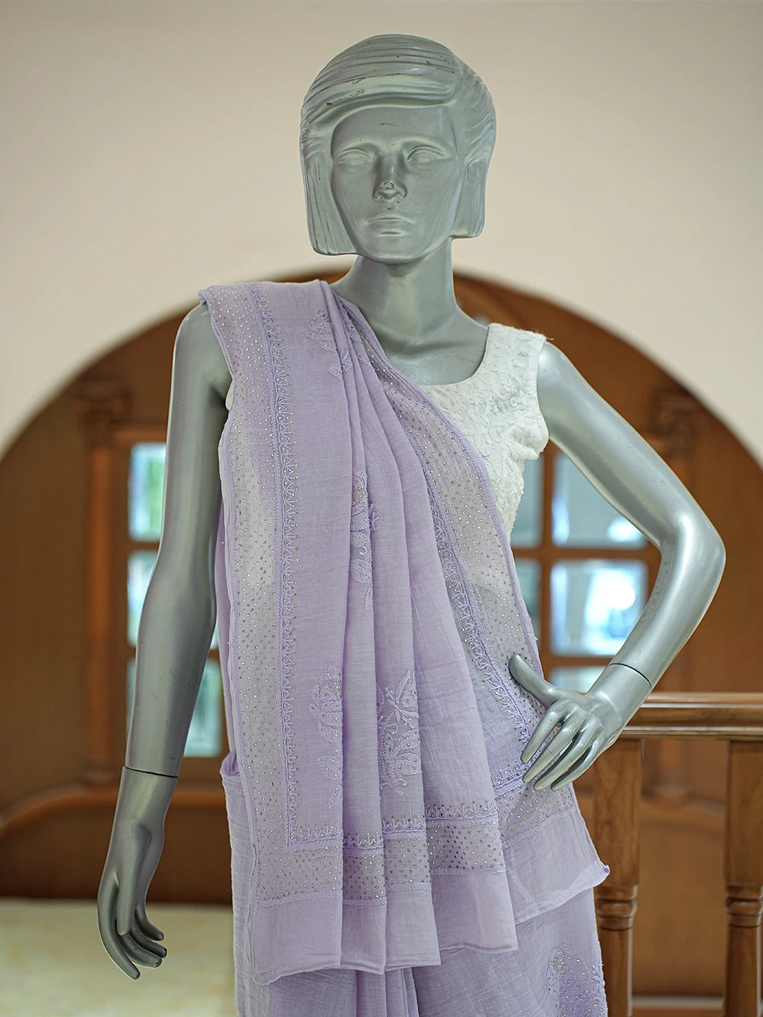 Ada Hand Embroidered Light Periwinkle Mauve Chanderi Lucknowi Chikankari Saree/Blouse with Muqaish Work 01A675543