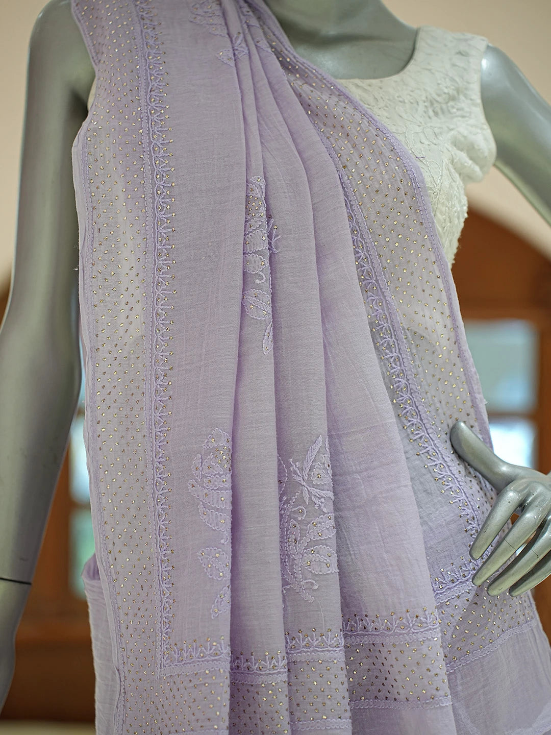 Ada Hand Embroidered Light Periwinkle Mauve Chanderi Lucknowi Chikankari Saree/Blouse with Muqaish Work 01A675543