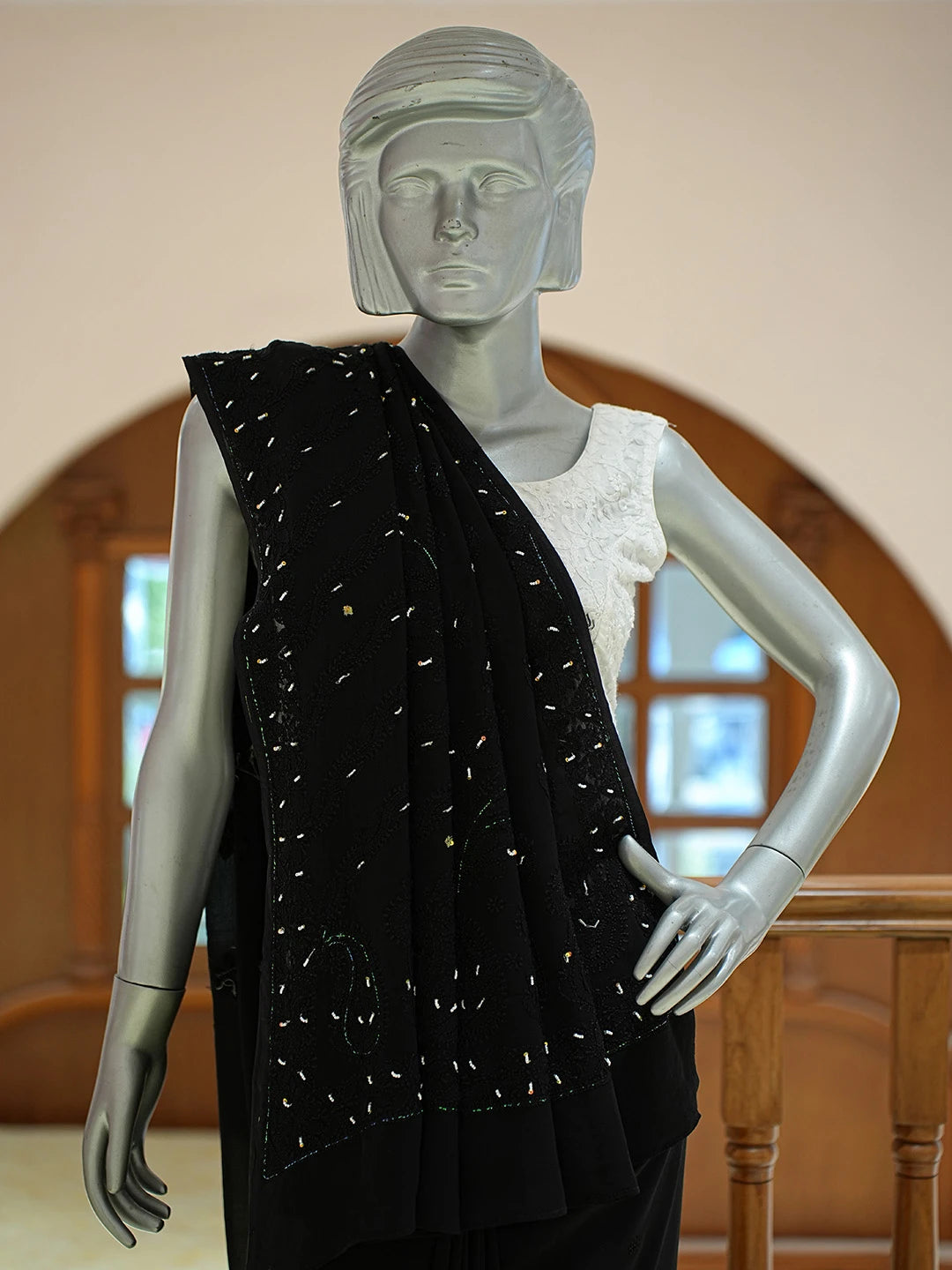 Ada Hand Embroidered Black Viscose Georgette Lucknowi Chikankari Saree With Blouse With Pearl Work 01A762080