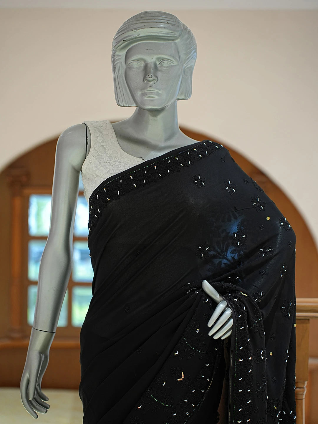 Ada Hand Embroidered Black Viscose Georgette Lucknowi Chikankari Saree With Blouse With Pearl Work 01A762080