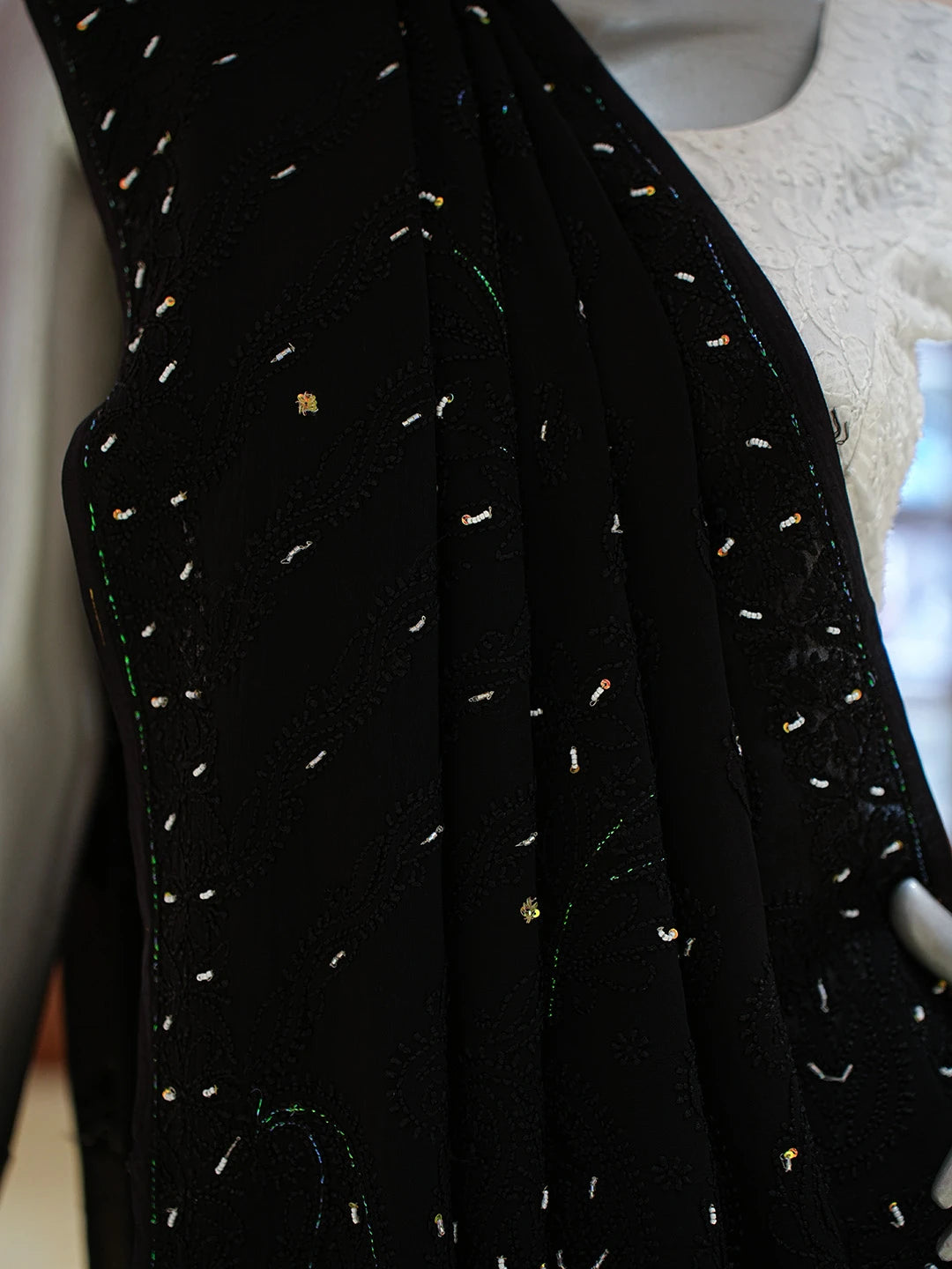 Ada Hand Embroidered Black Viscose Georgette Lucknowi Chikankari Saree With Blouse With Pearl Work 01A762080